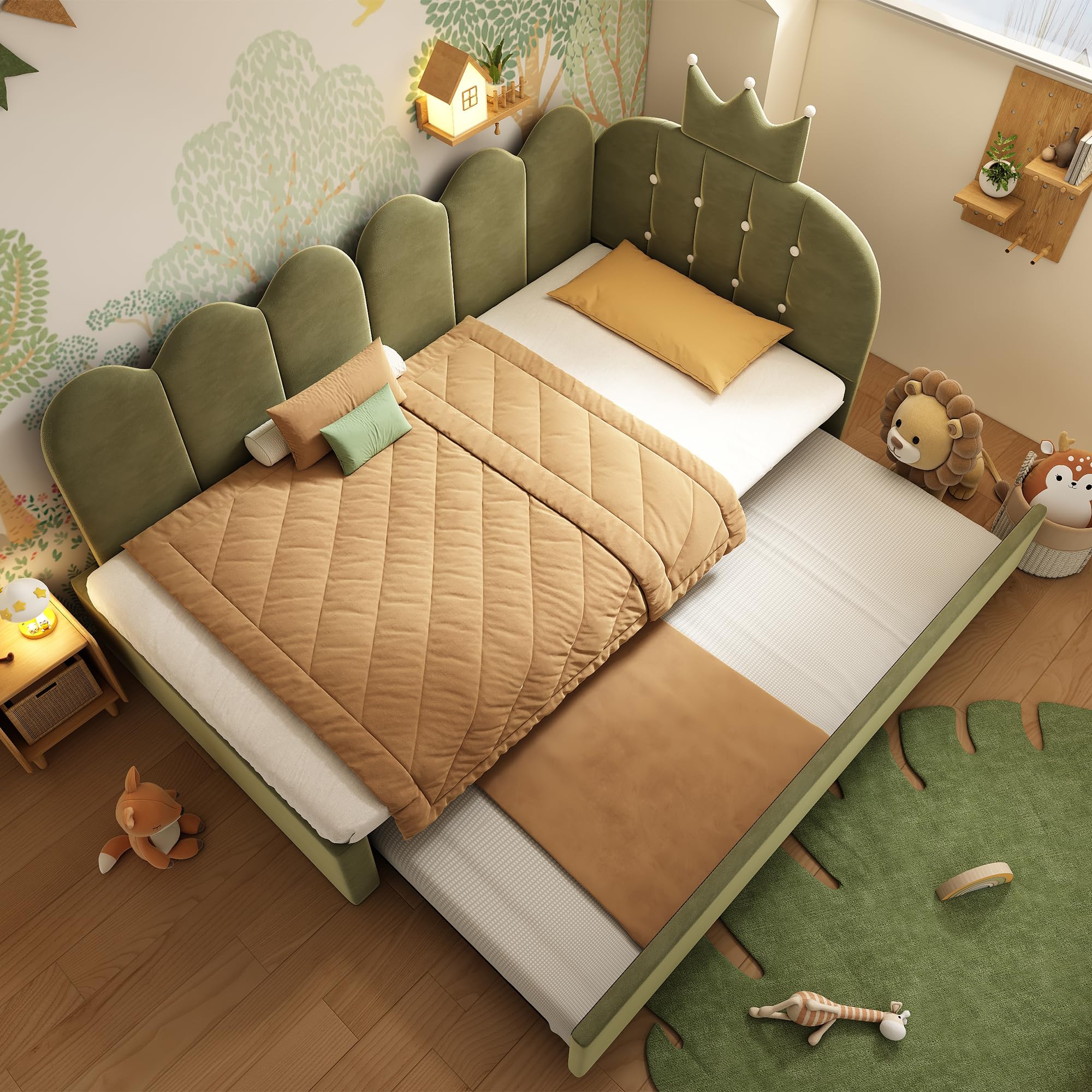 Ktipm Upholstered 3ft Single Sofa Bed with Trundle Bed and Crown-shaped, 90x190 cm Pull Out Sofa Beds Daybed Sofabed with Metal Slatted Frame, Day Beds Without Mattress, Velvet, Green
