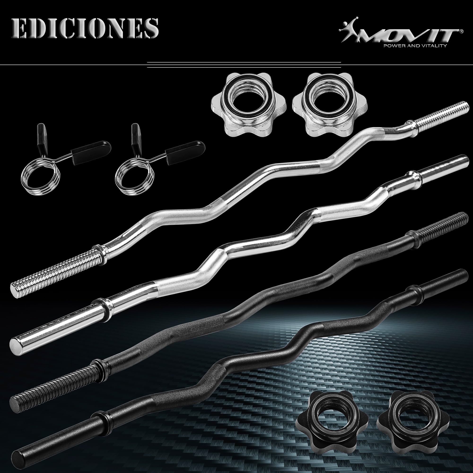 MOVIT barra de curl profesional SZ, 30mm ESTÁNDAR, a elegir: 120cm (7kg) o 130cm (8kg), cromada o negra, bloqueo de estrella o bloqueo de muelle