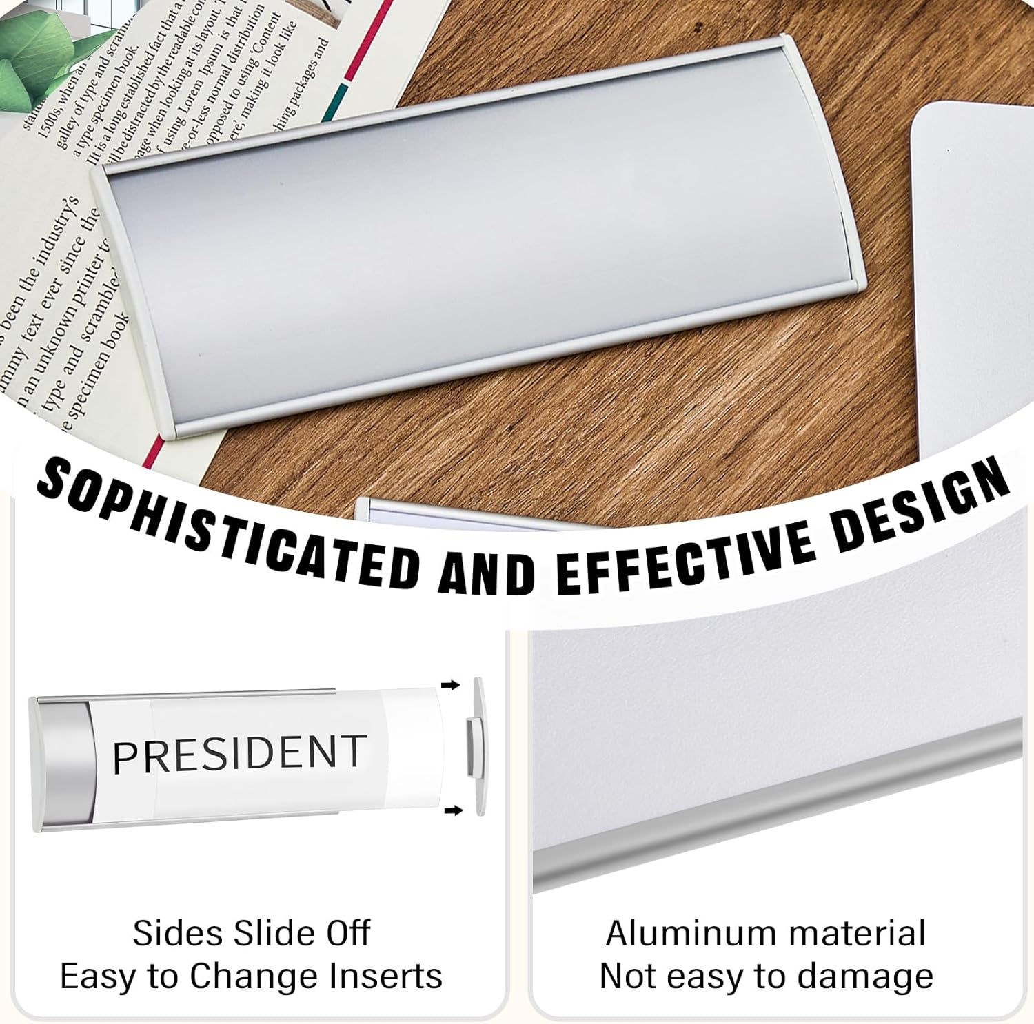 Therwen 12 Pcs Aluminum Office Name Plate Holder for Door Wall Mount 8'' x 3'' Business Sign Holder Office Door Sign Sturdy Curved with Plastic Film and Adhesive Tape (Silver) - Image 3