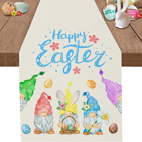 Camino de mesa de Pascua con huevo de gnomo, decoración de mesa de comedor para interiores y exteriores, decoración de fiesta, 13 x 72 pulgadas