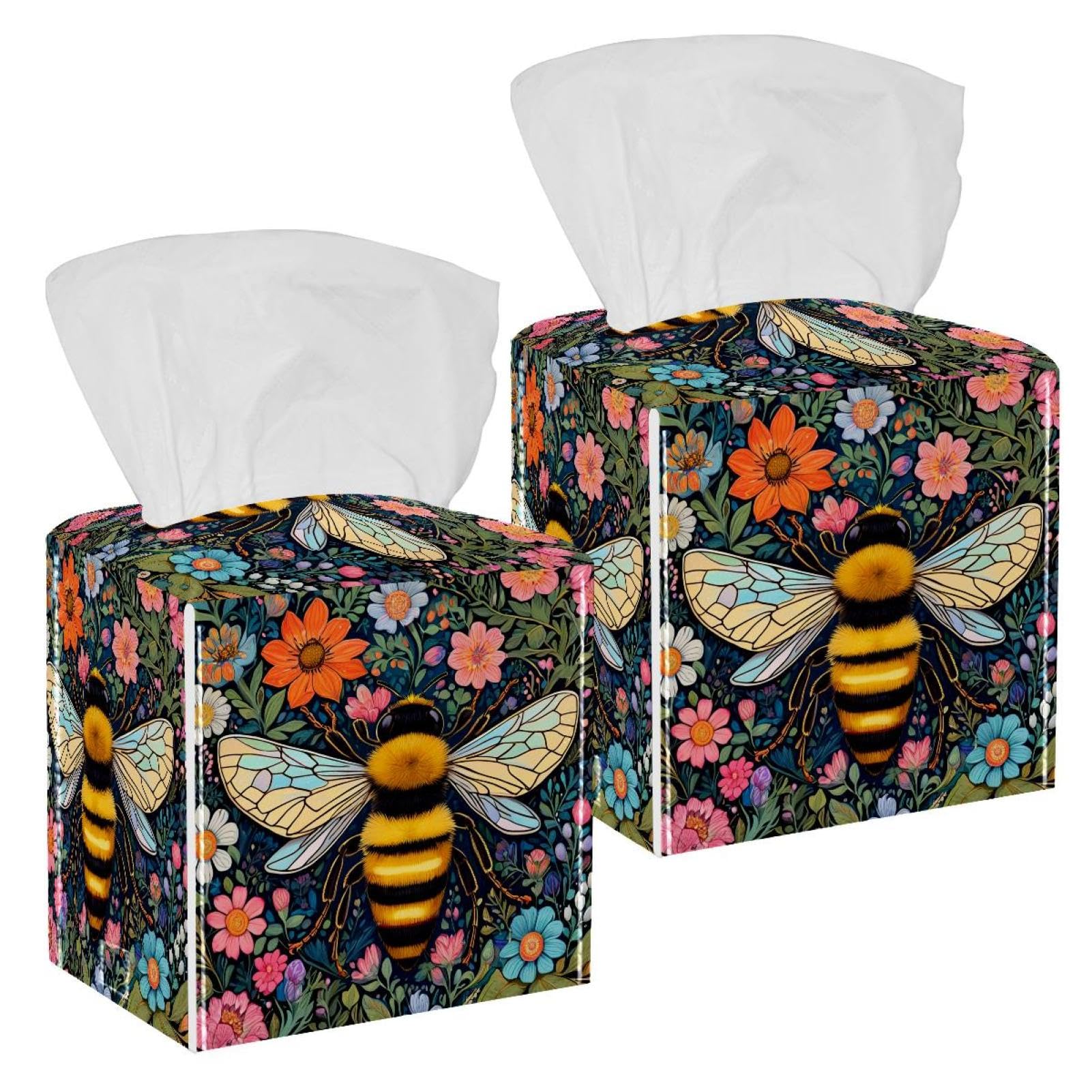 Drawing Bee Tissue Box Cover, 2 Pack PU Leather Square Facial Tissue Dispenser Box holder for Home Office Car
