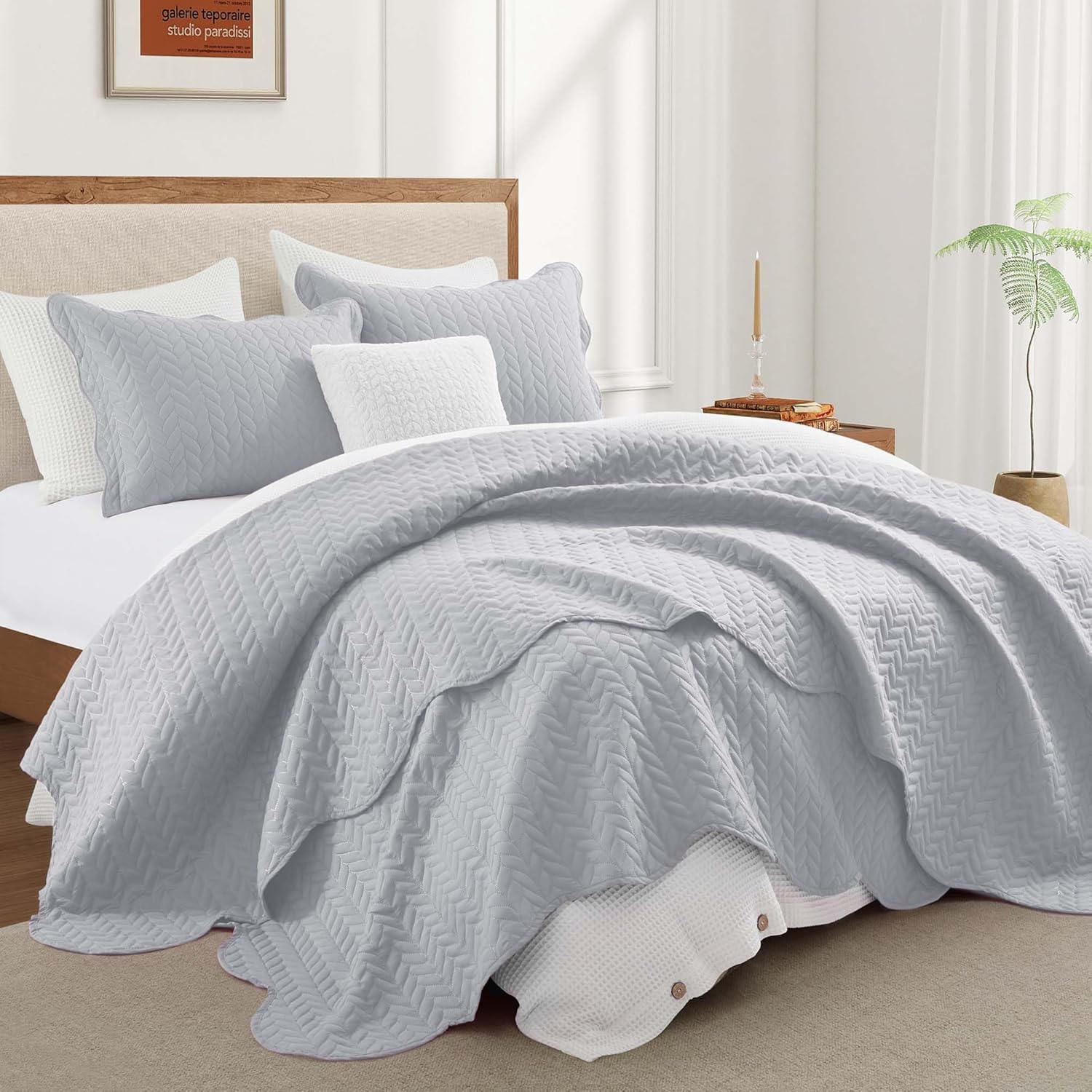 IR Imperial Rooms King Quilt Bedding Set Size (106" x 96") + 2 Pillow Shams (20" x 36"+ 2") - 3 Pcs All Season Lightweight Reversible Microfiber Coverlet Embossed Quilt Bedspread (Silver)