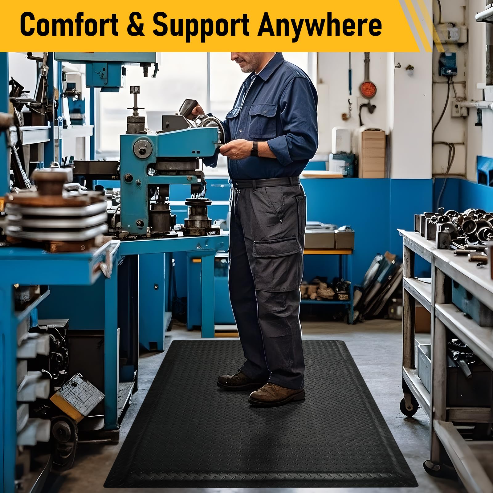 Nisorpa Alfombrillas antifatiga industriales de 3 x 5 pies 15/16 pulgadas de grosor, ergonómicas, tapete de cocina para estar de pie, resistente, placa de diamante, soporte de seguridad para dolor de