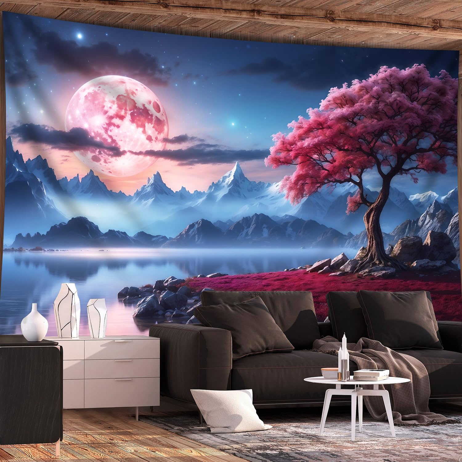 Tapiz grande de cerezo en flor con lago de la luna, fondo con paisaje de cielo nocturno de ensueño, tela de poliéster para colgar en la pared, para dormitorio, sala de estar, decoración de fiestas