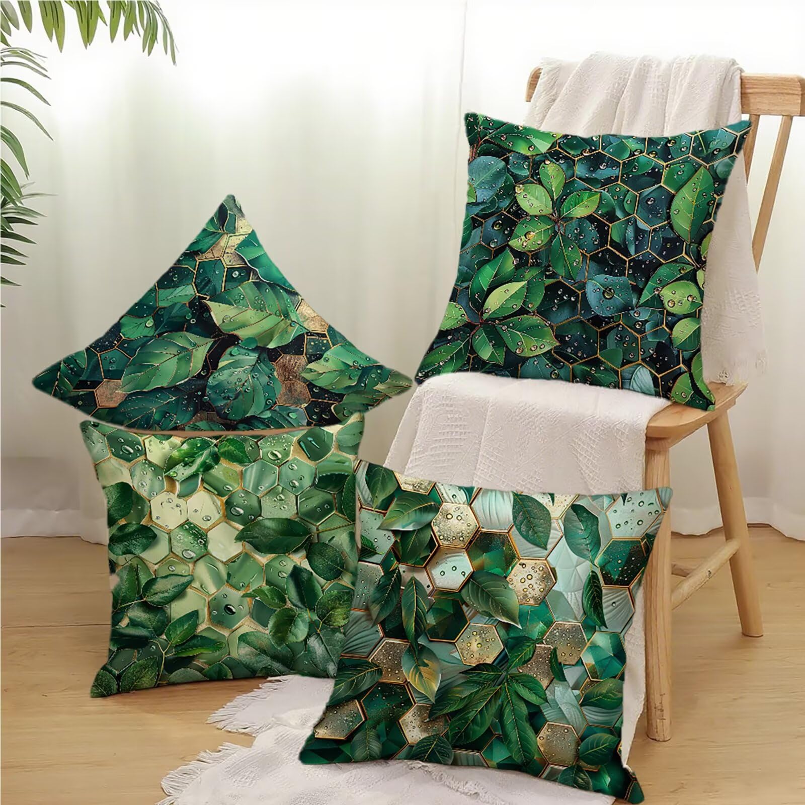 Kissenbezug 60x60cm Outdoor Kissen Grün Outdoor Kissenbezug modern Sofakissen Kissenbezüge Samt Sofa Kopfkissenbezug Zierkissen 4er Set, Dekokissen Couchkissen, für Schlafzimmer Deko Wohnzimmer Q-377