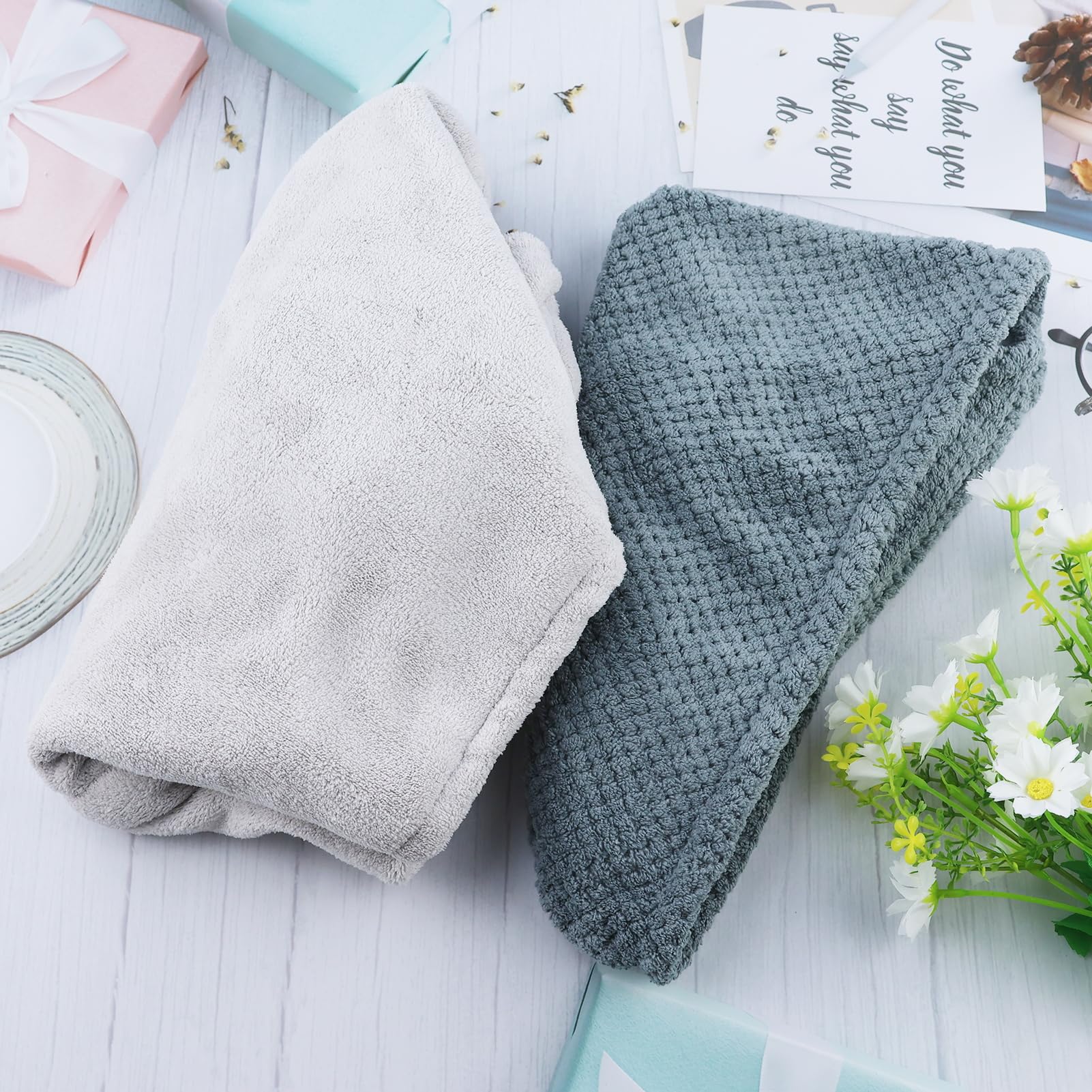 2 asciugamani in microfibra per capelli lunghi e ricci, turbante per capelli, asciugamano turbante con bottoni per asciugatura rapida, super assorbente, anti-crespe, asciugamano da donna, grigio