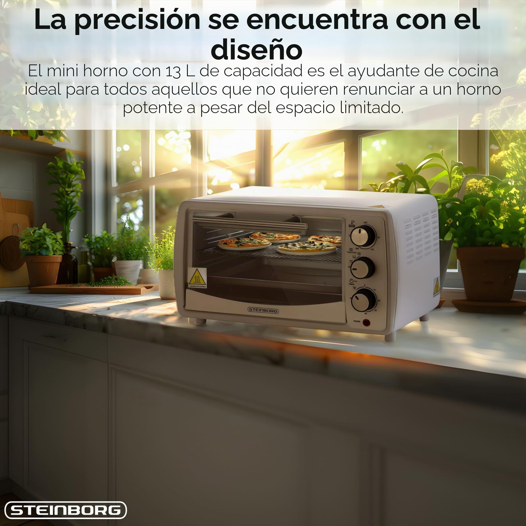 Steinborg Mini horno de 13 litros, 1200 W, 65°-230 °C, temporizador, bandeja para migas, minihorno pequeño