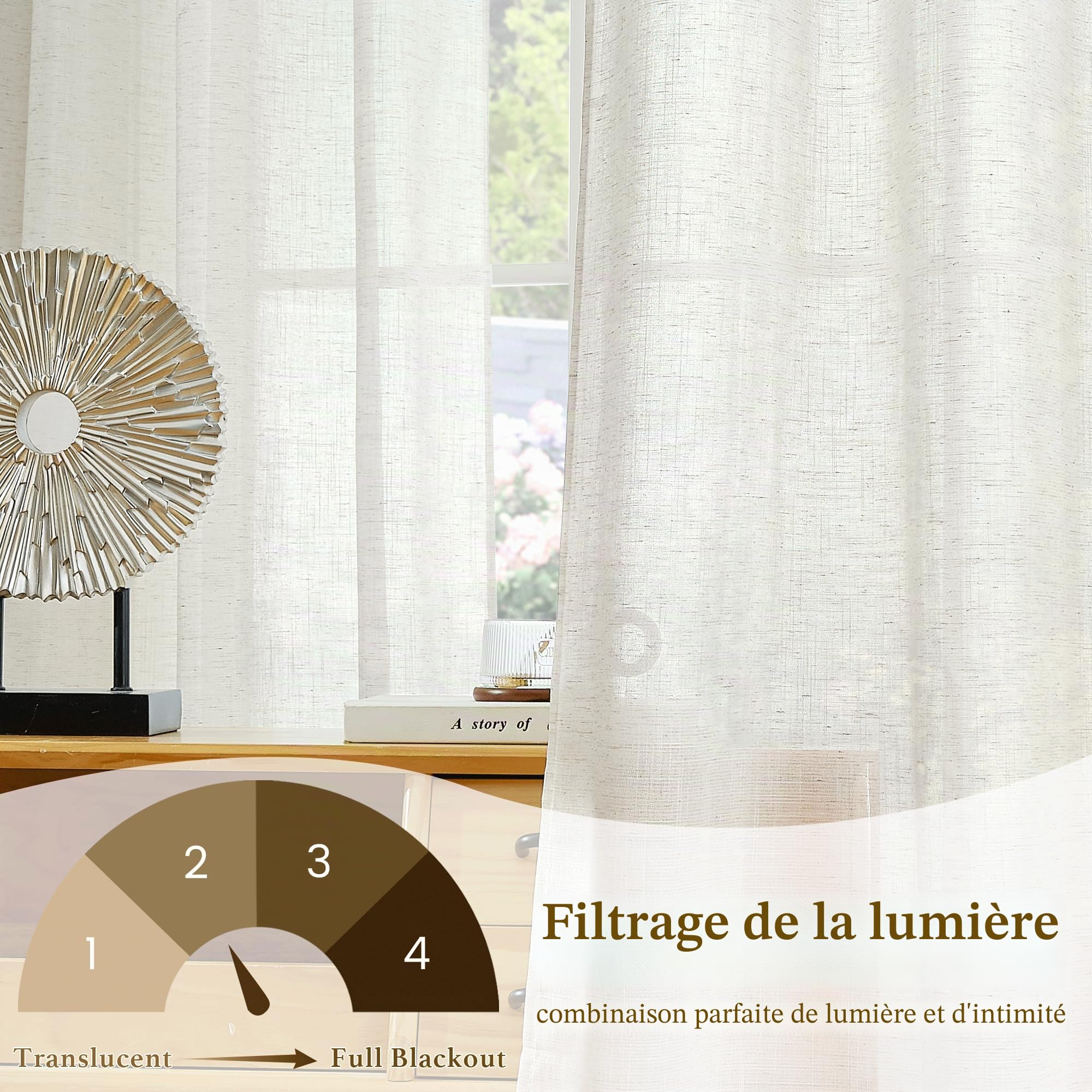 KGORGE Rideaux Voilages Lin Grande Largeur Semi-Transparent Ivoire | L300xH240cm, 1 Panneau, Galon Fronceur, Passe Tringle, Intérieur, Translucide, pour Porte Fenêtre Salon Chambre, Boho Chic