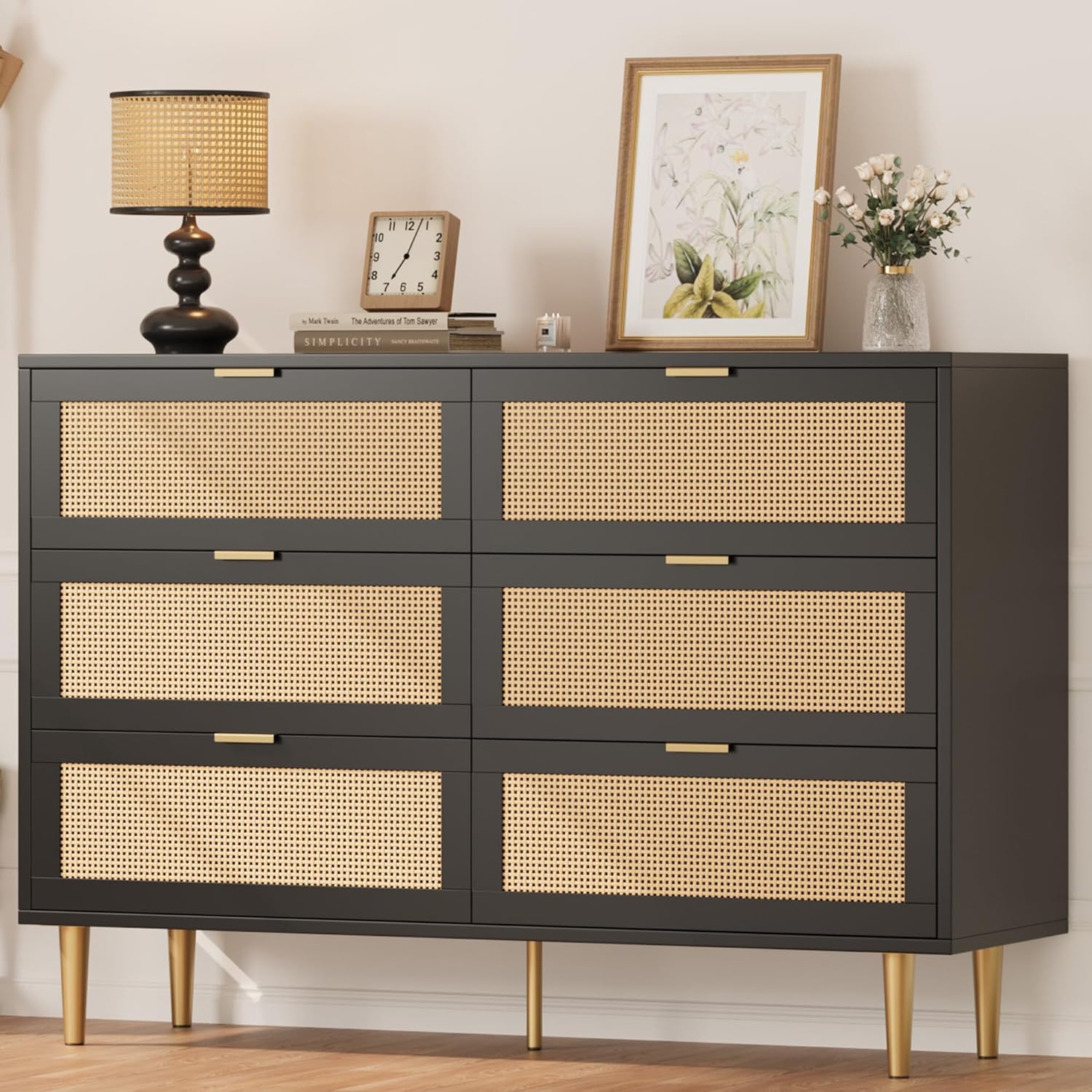 IDEALHOUSE Rattan 6 Drawer Dresser for Bedroom, Modern Chest of Drawers with Gold Legs and Gold Handles, Wide Double Dresser with Large Tabletop and Anti-Tipping Design for Bedroom Living Room, Black