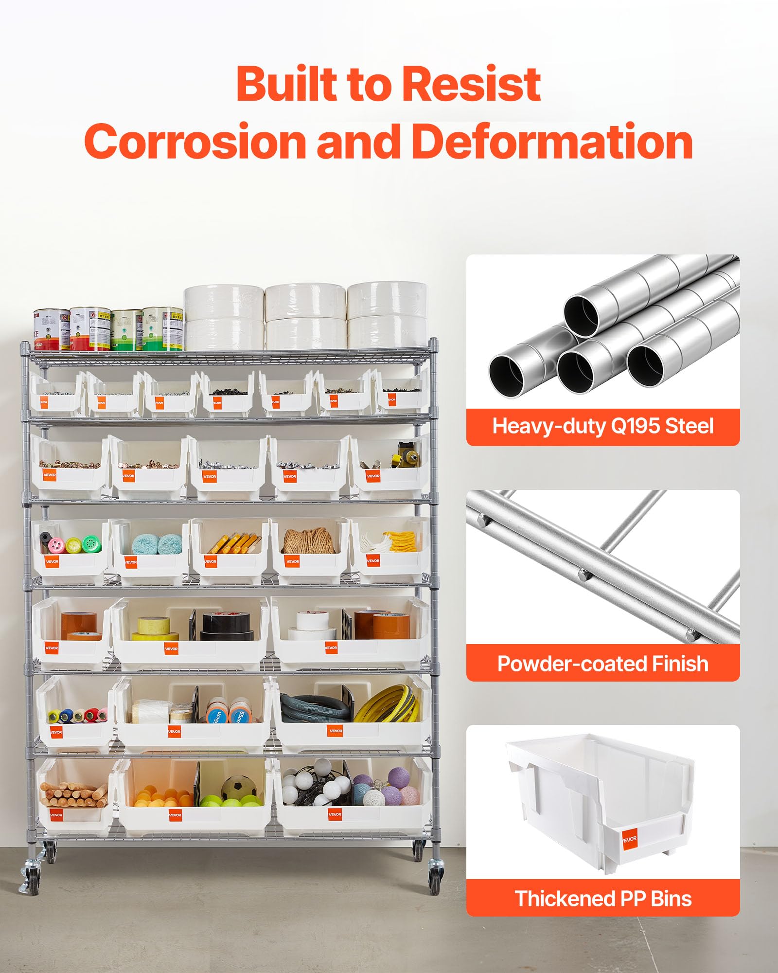 VEVOR Standregal, Lagerregal mit 7 Ebenen & 26 Stapelboxen, Bücherregal, Küchenregal mit Rollen, Fahrregal für Garage, Lager, Büro, Restaurant, Klassenzimmer, Küche, 355x1110x1480 mm