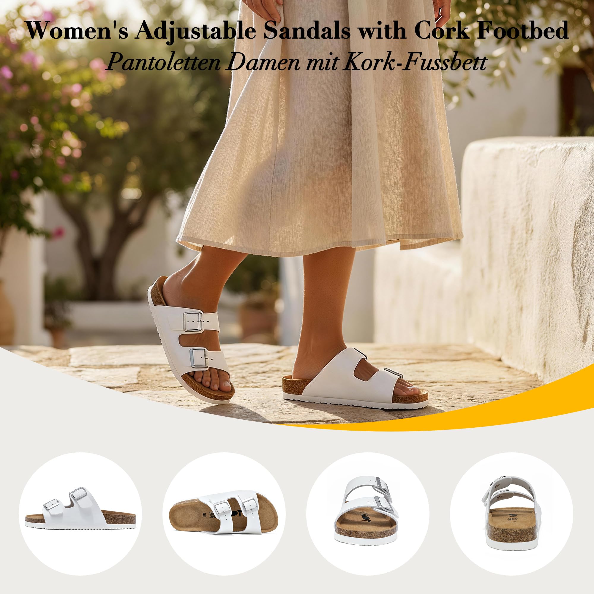 Sandalias y Mules Mujer con Dos Hebillas Ajustables Comodas Cuero Sandalias Planas de Corcho, Ligero Sandalias Ortopedicas con Arch Fit Antideslizante Zapatillas con Punta Abierta 36-42EU