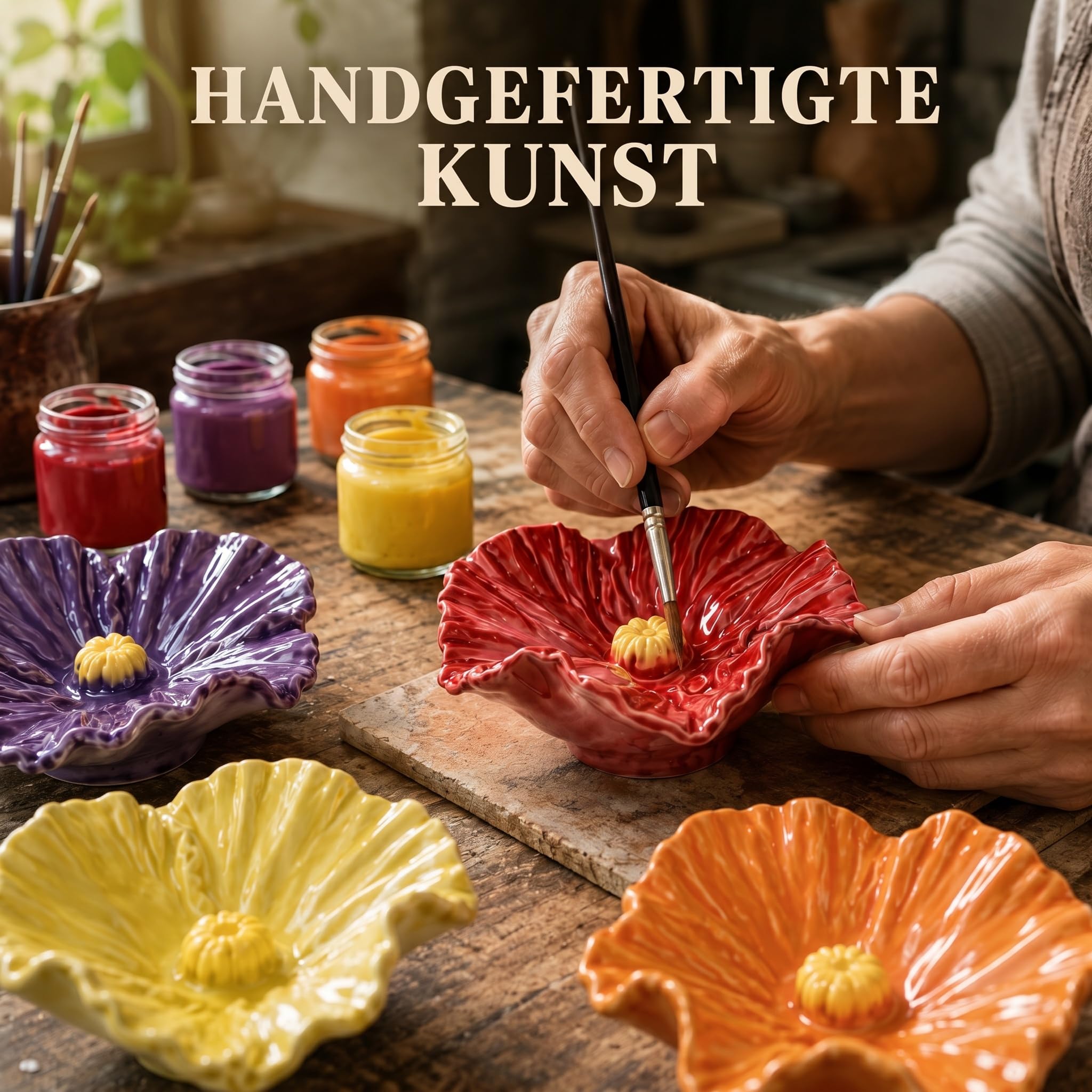 Vogeltränke Blume Bienentränke Keramik Handgemacht 4er Set Wetterfeste Blütenschalen auf Metallstäben für Garten Balkon und Beet Wasserstelle für Bienen Insekten und Vögel (4 Blüten)