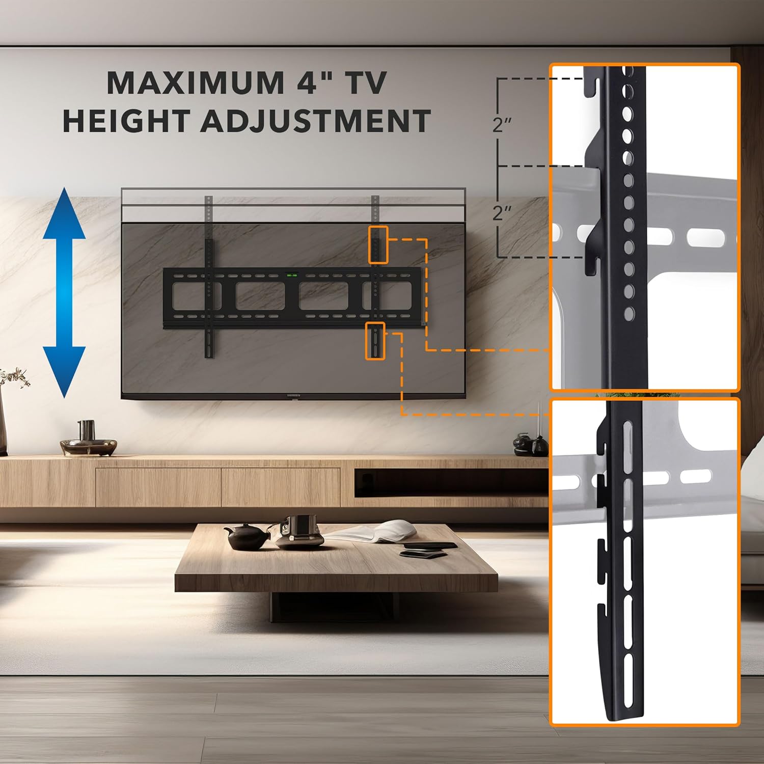 Diagram showing 4-inch TV height adjustment feature