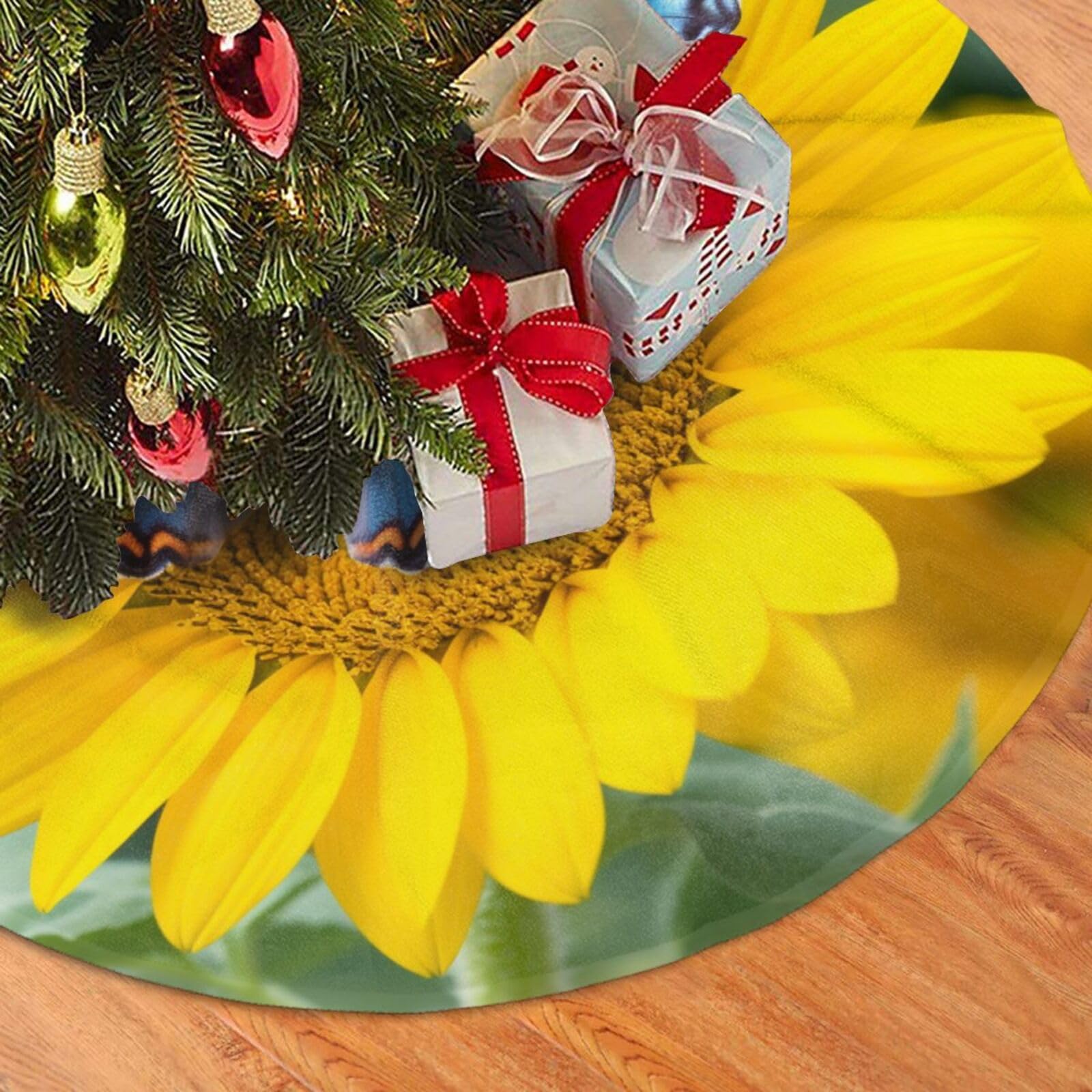 Fodpand Black Sunflower Blue Butterfly Christmas Tree Skirt 48" Velvet Xmas Tree Skirt Mat Rustic Christmas Tree Mat Cover Winter Xmas Tree Collar For Indoor Outdoor Christmas Decorations