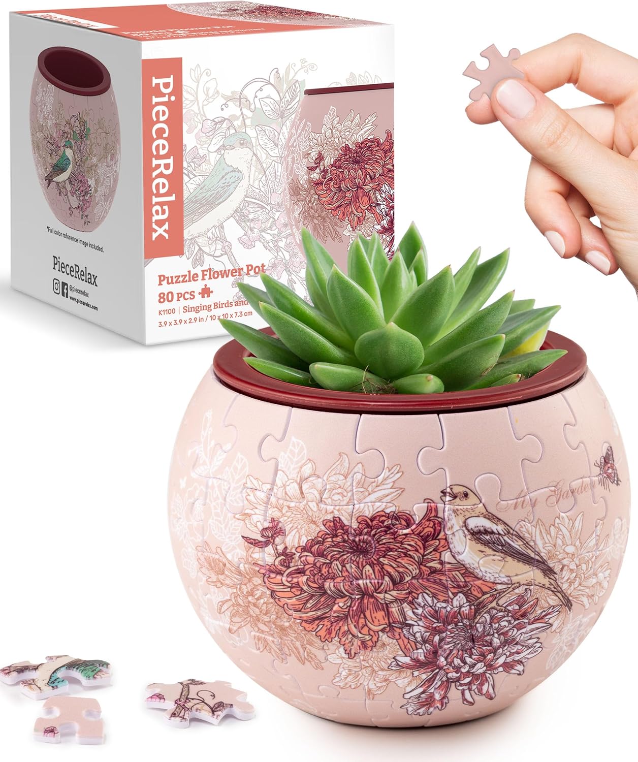 PieceRelax 3D Puzzle Planter - Singing Birds and Flowers - Danish Folklore Style, Home Decor Flower Pots for Indoor Cactus, Succulents Pots [K1100]