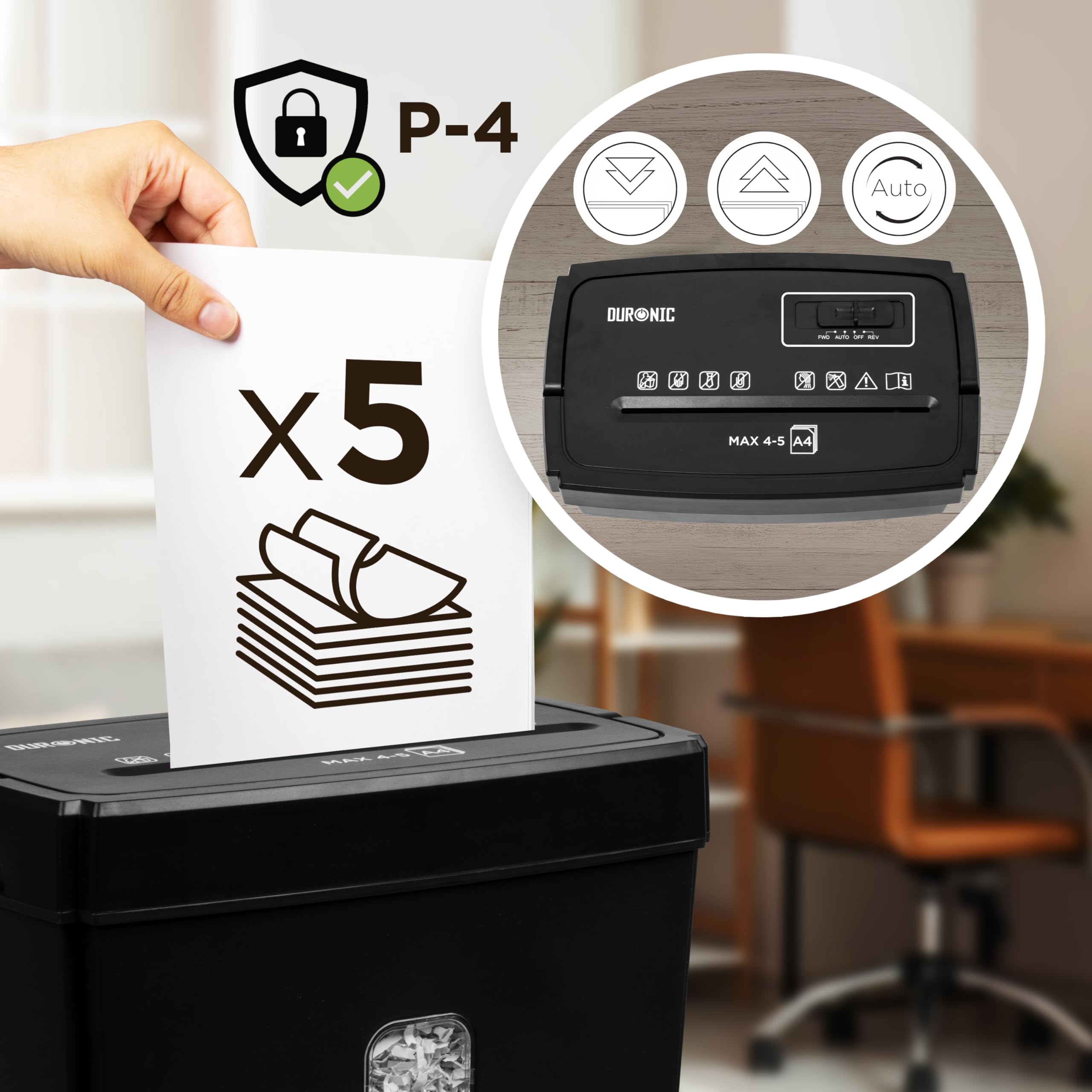 Duronic PS657 Destructeur de Documents 170W pour 5 Feuilles de Papier A4 | Coupe croisée | Réservoir de 15 L | Retour en arrière | Anti bourrage de Papier | en conformité avec Le RGPD