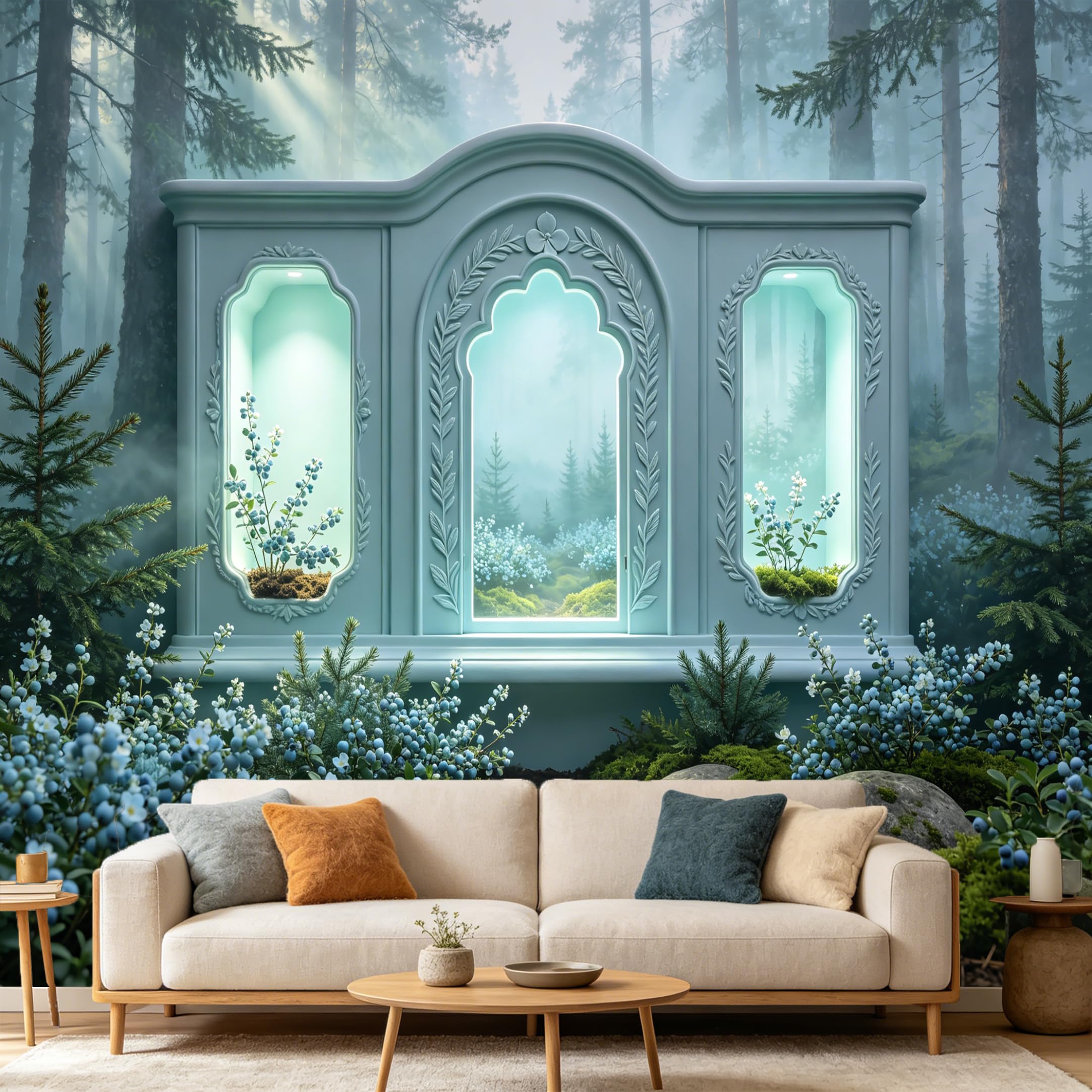 Custom Size Wall Mural， Misty Forest Archway Botanical 3D Trompe L'Oeil， SelfAdhesive Art Prints wall Fabric Removable Large Wallpaper Home Living Room Decor Aesthetic Wall Art