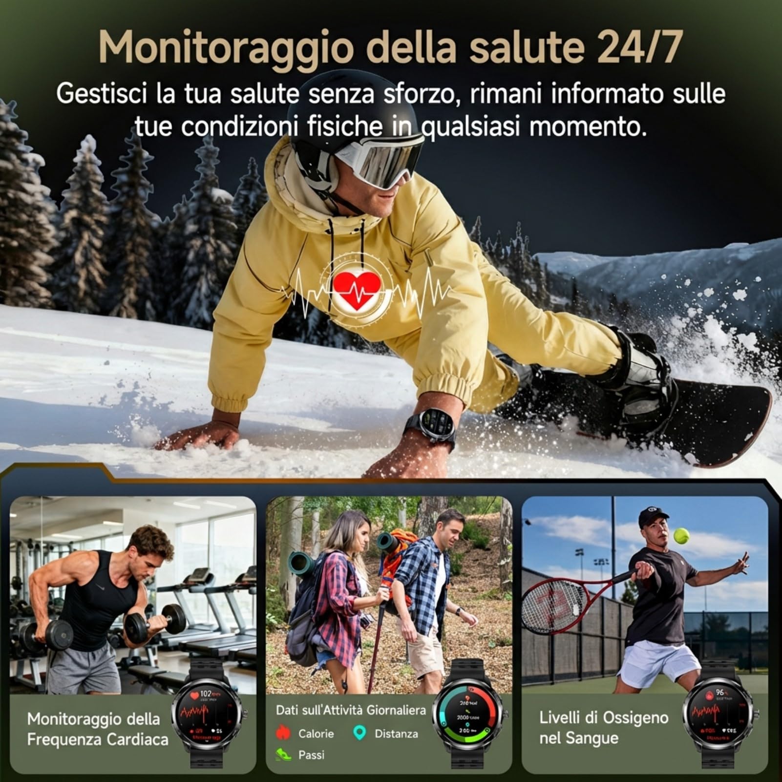 Watch Pro - Orologio da uomo militare con GPS, Bussola, ChatGPT, chiamate Bluetooth, frequenza cardiaca, orologio sportivo con più di 100 modalità sportive