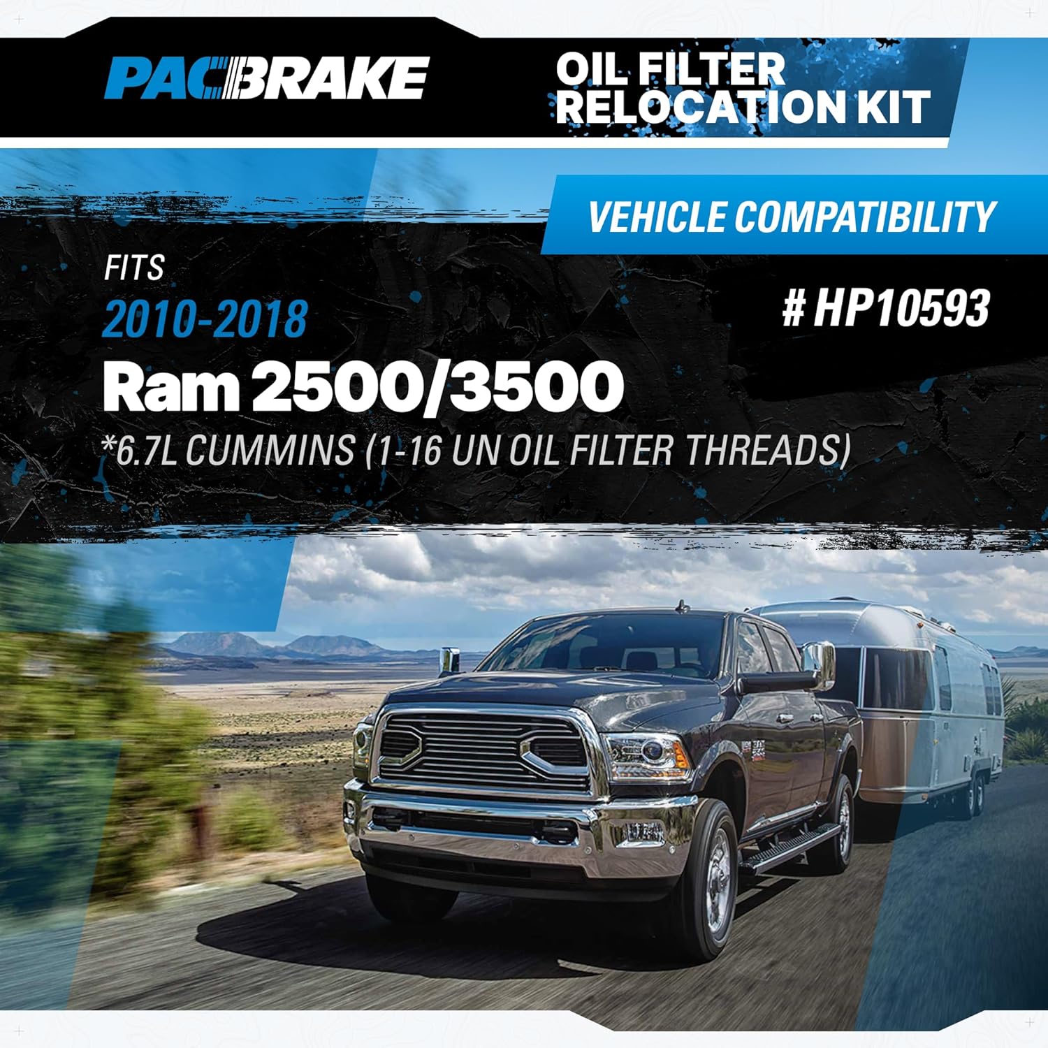 Pacbrake HP10593 Oil Filter Relocation Kit fits 2010-2018 RAM 2500/3500 With 6.7L Cummins Engine (1-16 thread) | Easy Installation | Heavy-Duty Construction | Components Included