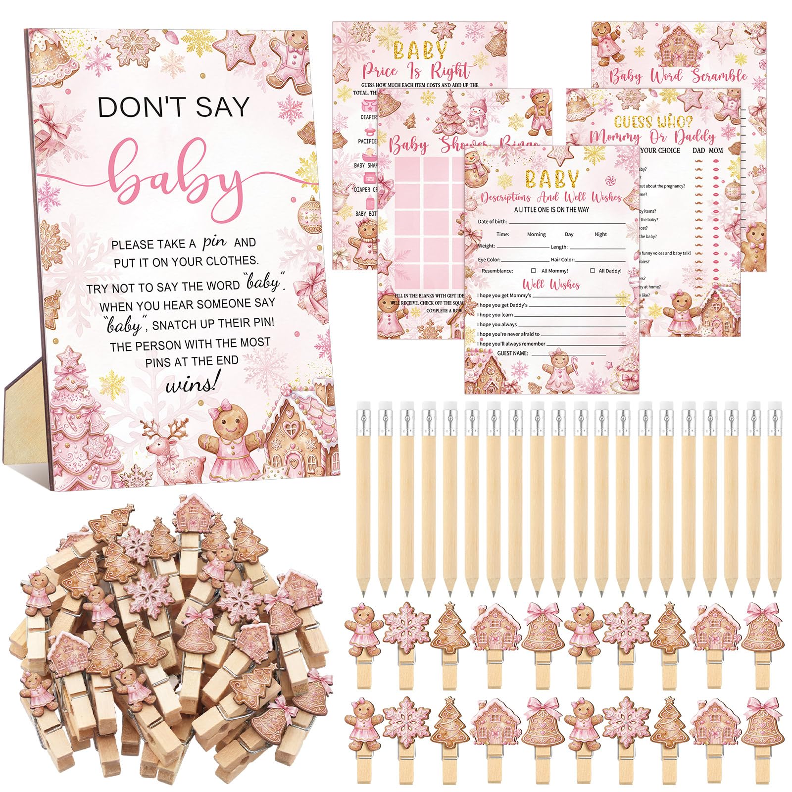 Patelai 321 Pcs Baby Shower Games Supplies, Pink Gingerbread