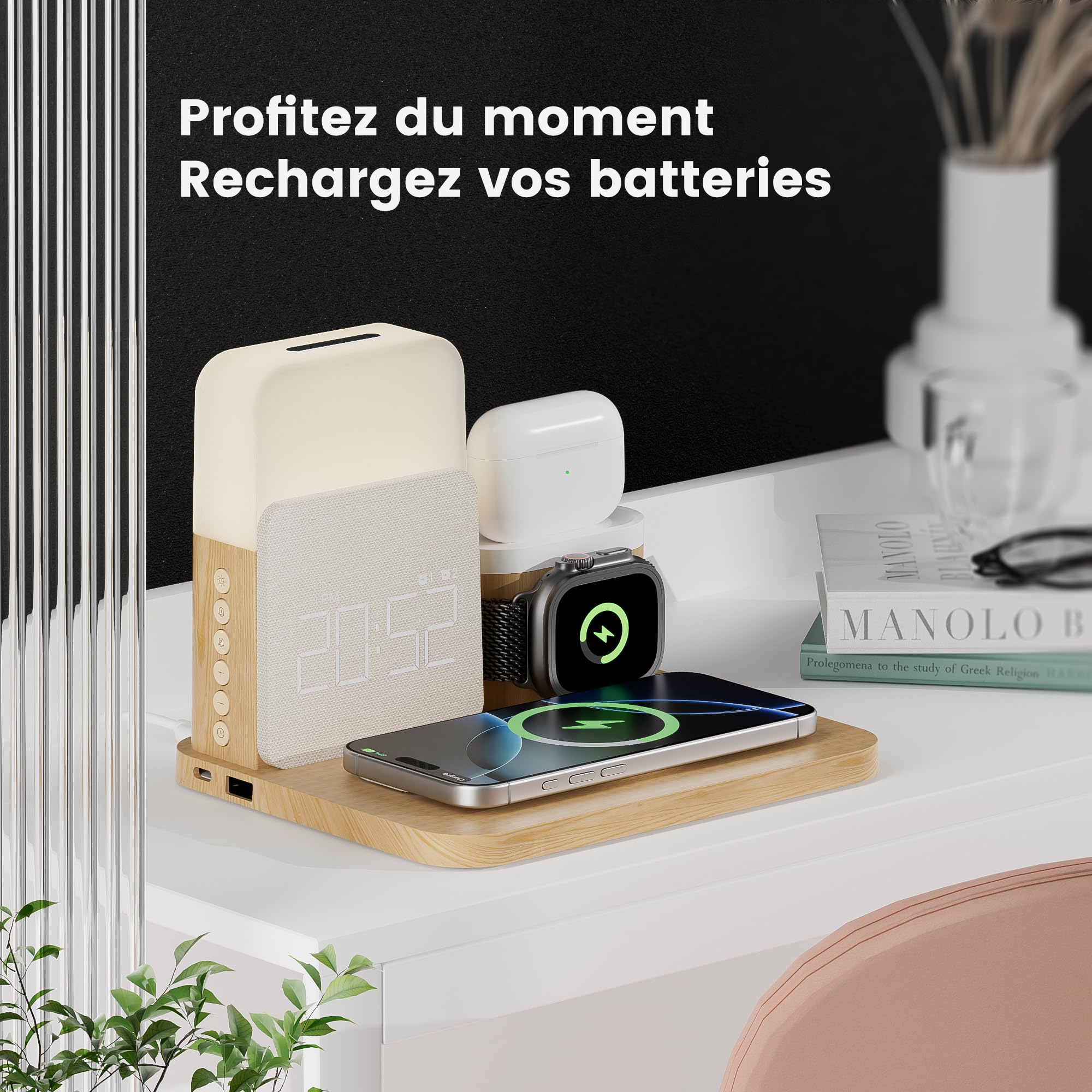 COLSUR Chargeur Induction 7 en 1 pour Apple Watch iPhone AirPods, Station De Charge Samsung, Lampe de chevet chambre tactile, Réveil, téléphones accessoires sans fil 17/16/15/14/13, decoration chambre