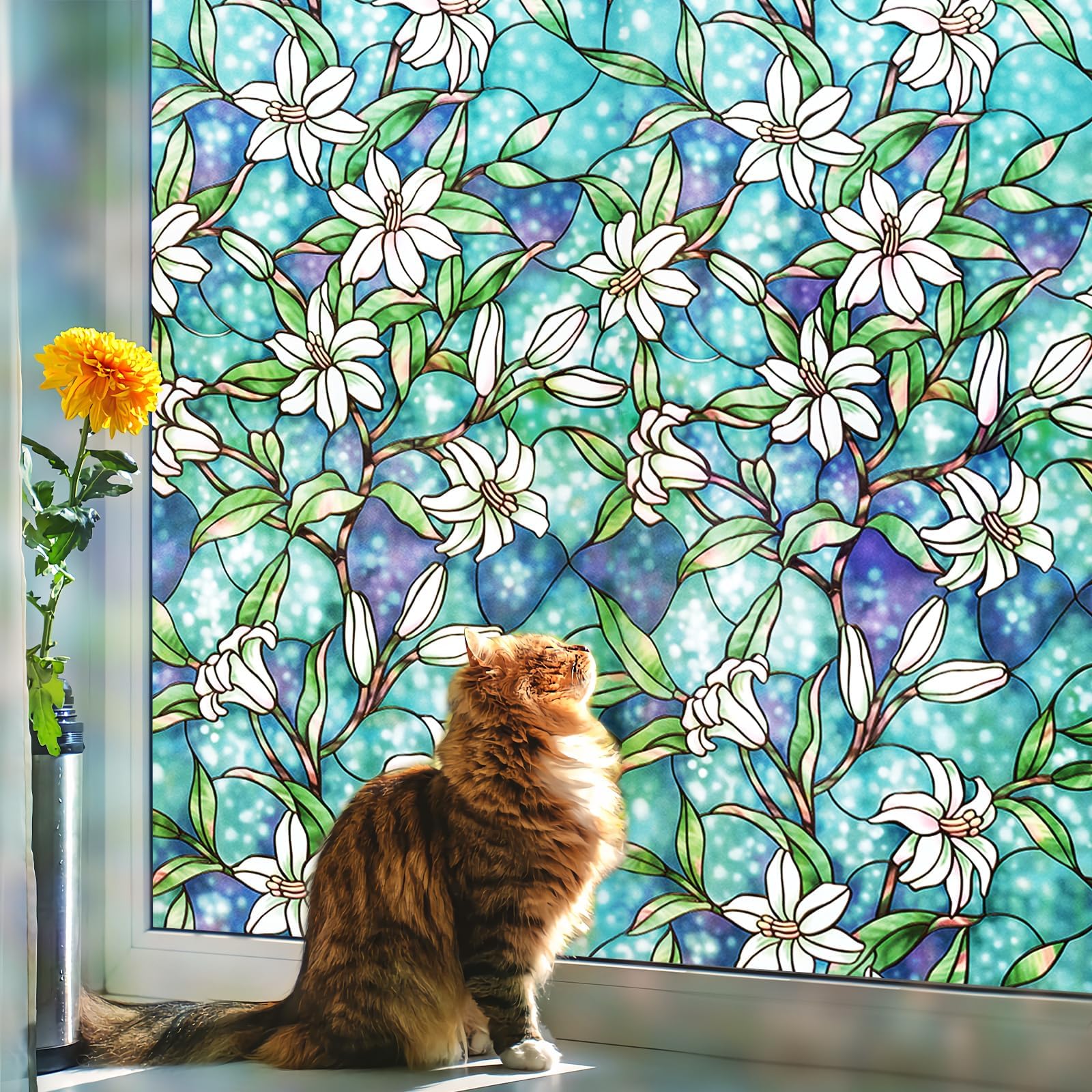 Static Cling Privacy Window Film, 96% UV & Heat Blocking, Stained Glass Window Film Floral Design, Non-Adhesive, for Bathroom, Front Door, Shower Enclosure (Vinyl, 17.5" X 78.7 ")
