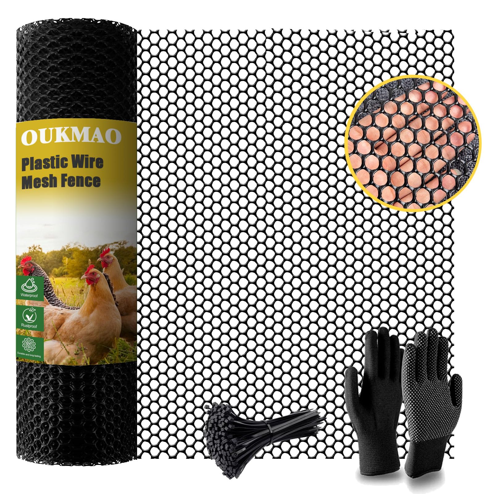 Rouleau de grillage en plastique pour volaille, jardin, balcon, clôture pour volaille, chiens, lapins, barrière pour animaux, fleurs, serpents et jardinage (noir, 40 cm x 6 m)