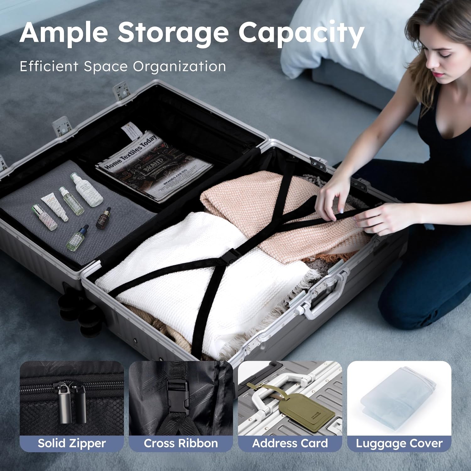 ALPHA CAMP Checked 28 Inch Luggage, Thickened Aluminum Frame Luggage with TSA Spinner Wheels, 3-Layer PC Hard Shell Zipperless Lightweight Travel Suitcase, TypeC USB Charging Port, Cup Holder Grey - Image 8