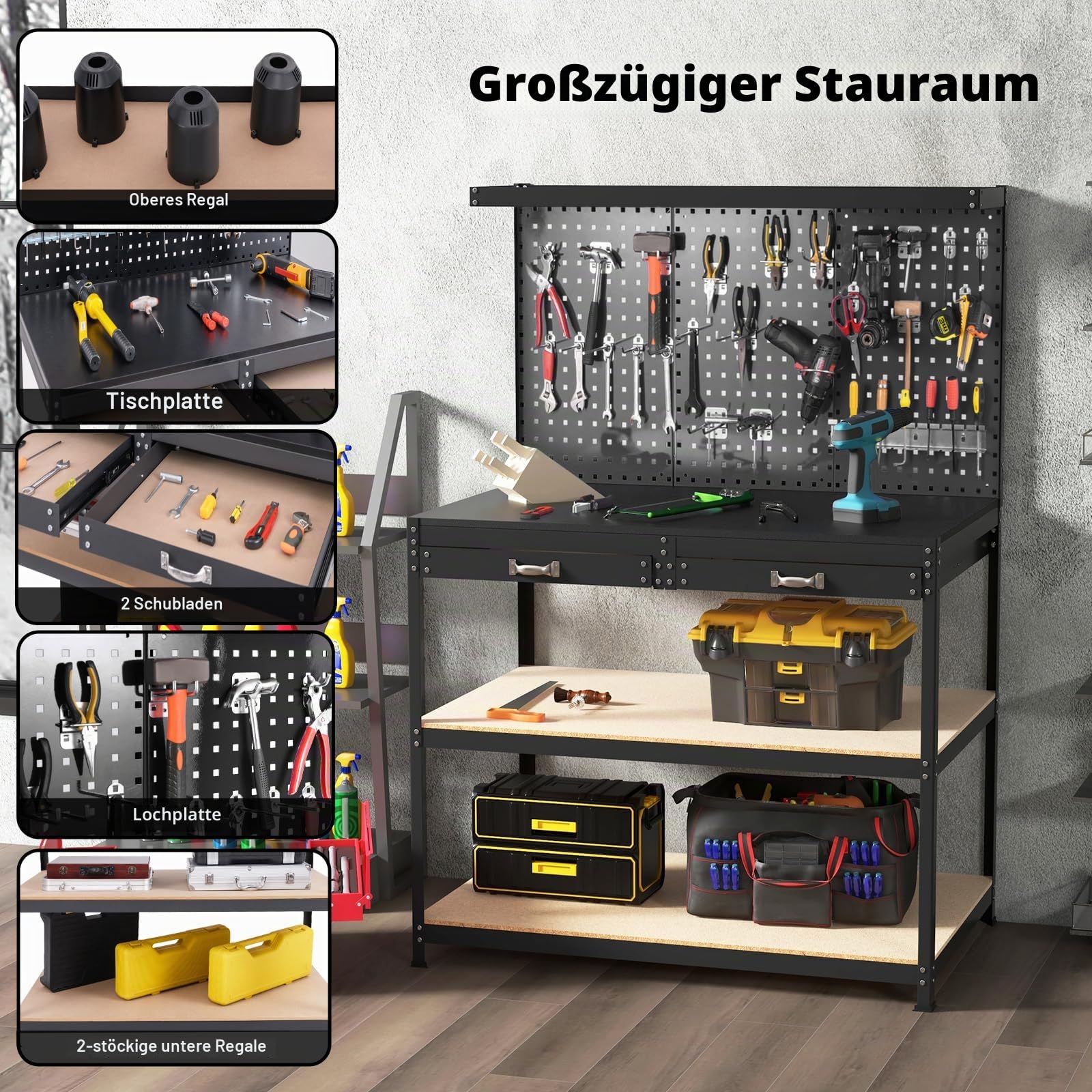 SOARS Werkbank mit Lochwänden, Werkzeugbank Metall mit 3 offenen Regalen & Zubehörteilen zum Aufhängen für Garage, Werkstatt (Schwarz, 121 x 61 x 156 cm)