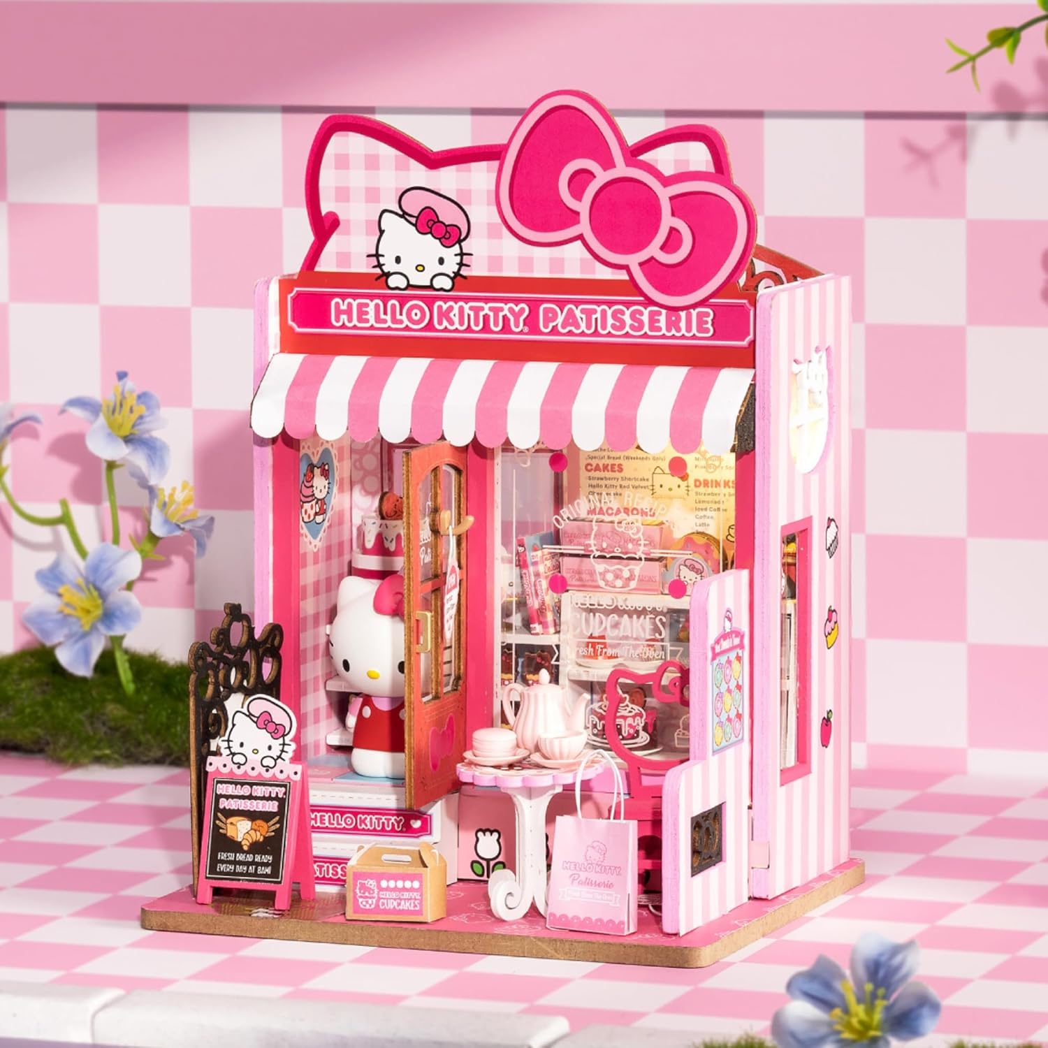 Hands Craft Hello Kitty Patisserie Miniature House Kit with Hello Kitty Figurine – Kawaii 3D Puzzle with Switch Activated LED Lights – DIY Wooden Craft Kit for Bedroom or Bookshelf Decor & Gifts