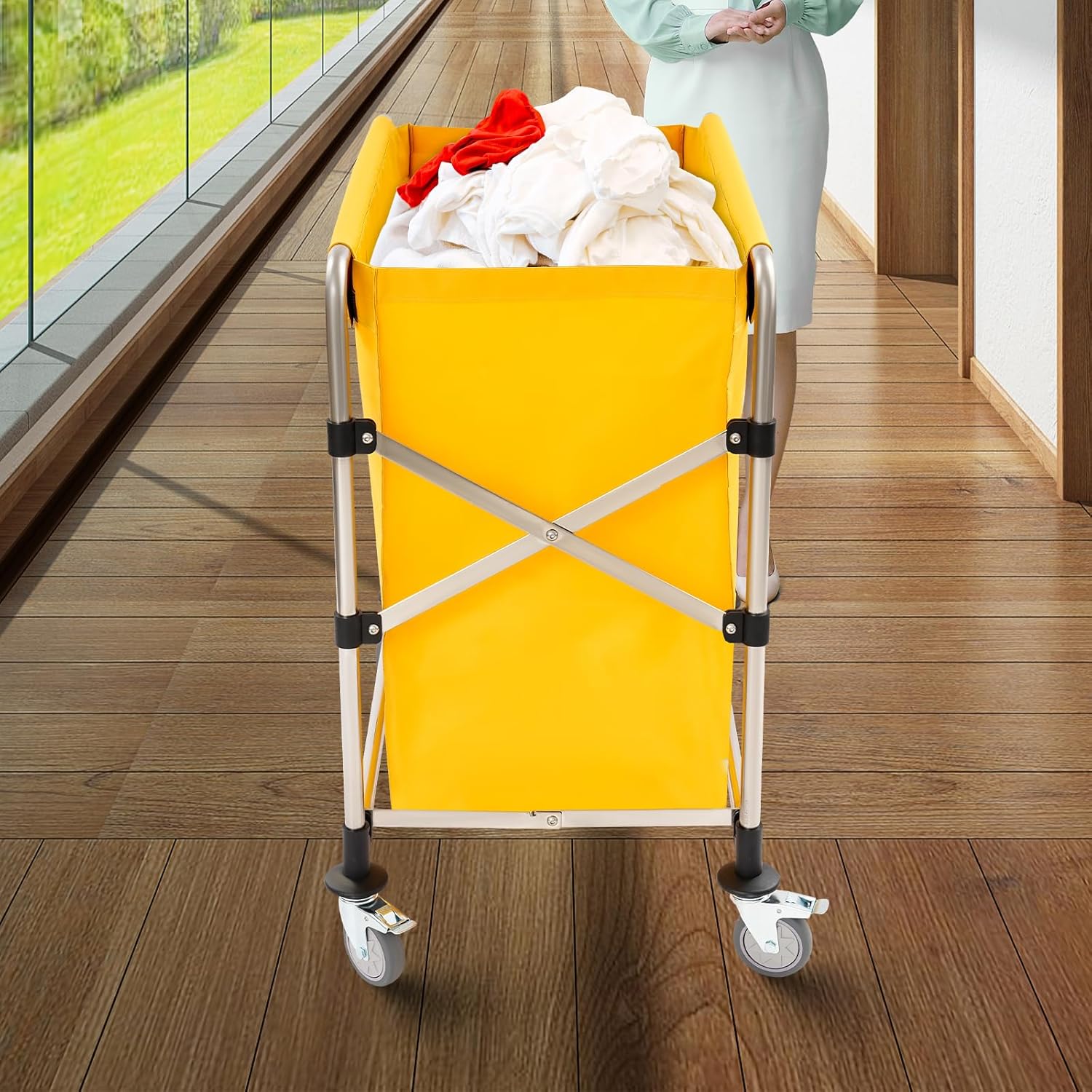 Commercial Products Collapsible X Cart, Heavy Duty Rolling Laundry Carts with Bag, Steel Industrial Laundry/Trash Cart with Wheels for Hotels, Hospitals, Nursing Homes, Offices, 87x50x92cm