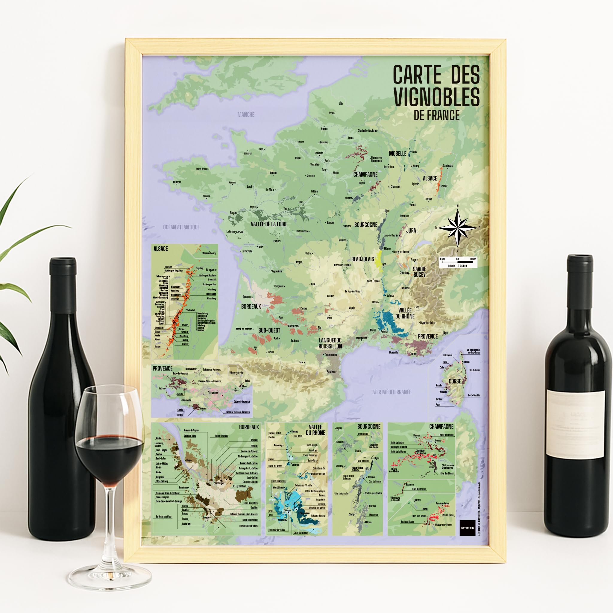 UTTSCHEID Poster dei vigneti francesi 2025 | Regioni viticole e del rilievo | Grande Formato | Poster da parete decorativo | Non piegato (Relief, B2 (50 x 70,7 cm), Con cornice)