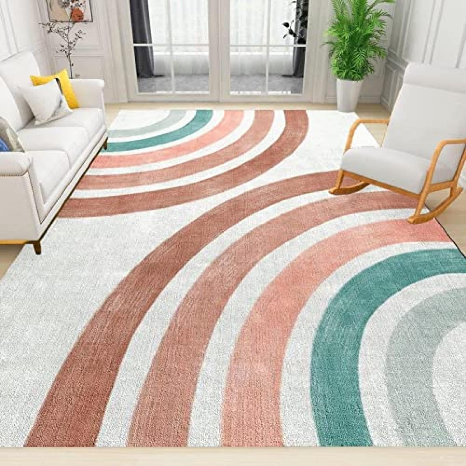 Modern Mid-Century Kids Rug, Boho Nordic Rainbow Area Rugs, Washable Foldable Non Slip Backing Low Pile Shed-Free Playing Carpet for Living Room