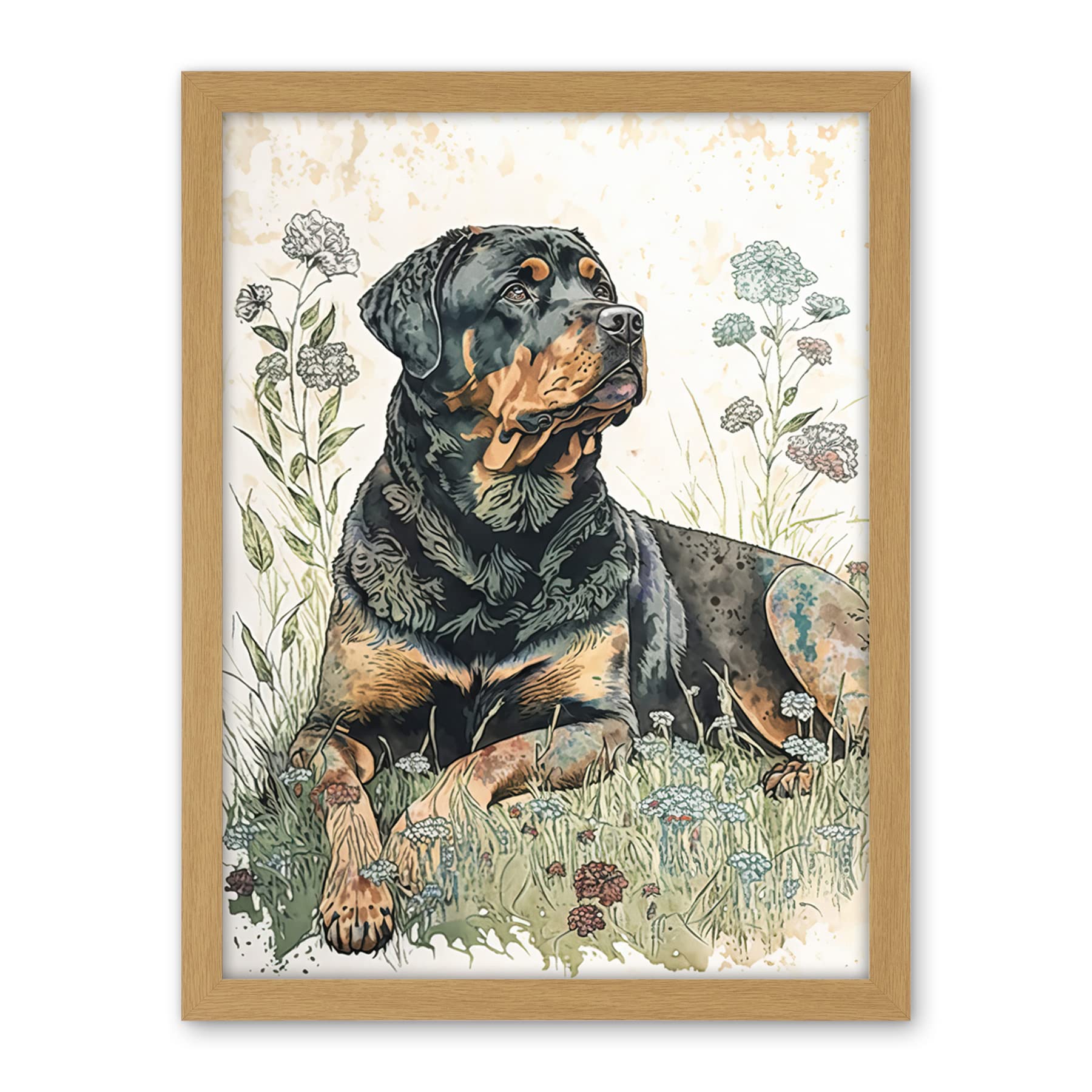 Artery8 Rottweiler Dog Lying in Wildflowers Bright Watercolour Illustration Artwork Framed Wall Art Print 18X24 Inch