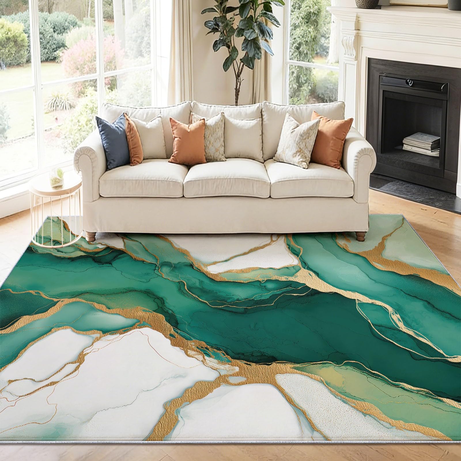 Dywan do salonu, można prać w pralce, dywan 160 x 230 cm, dywan antypoślizgowy, marmur Gold River, niskie runo, nie gubi włosia, nadruk, do jadalni, domu, biura, sypialni