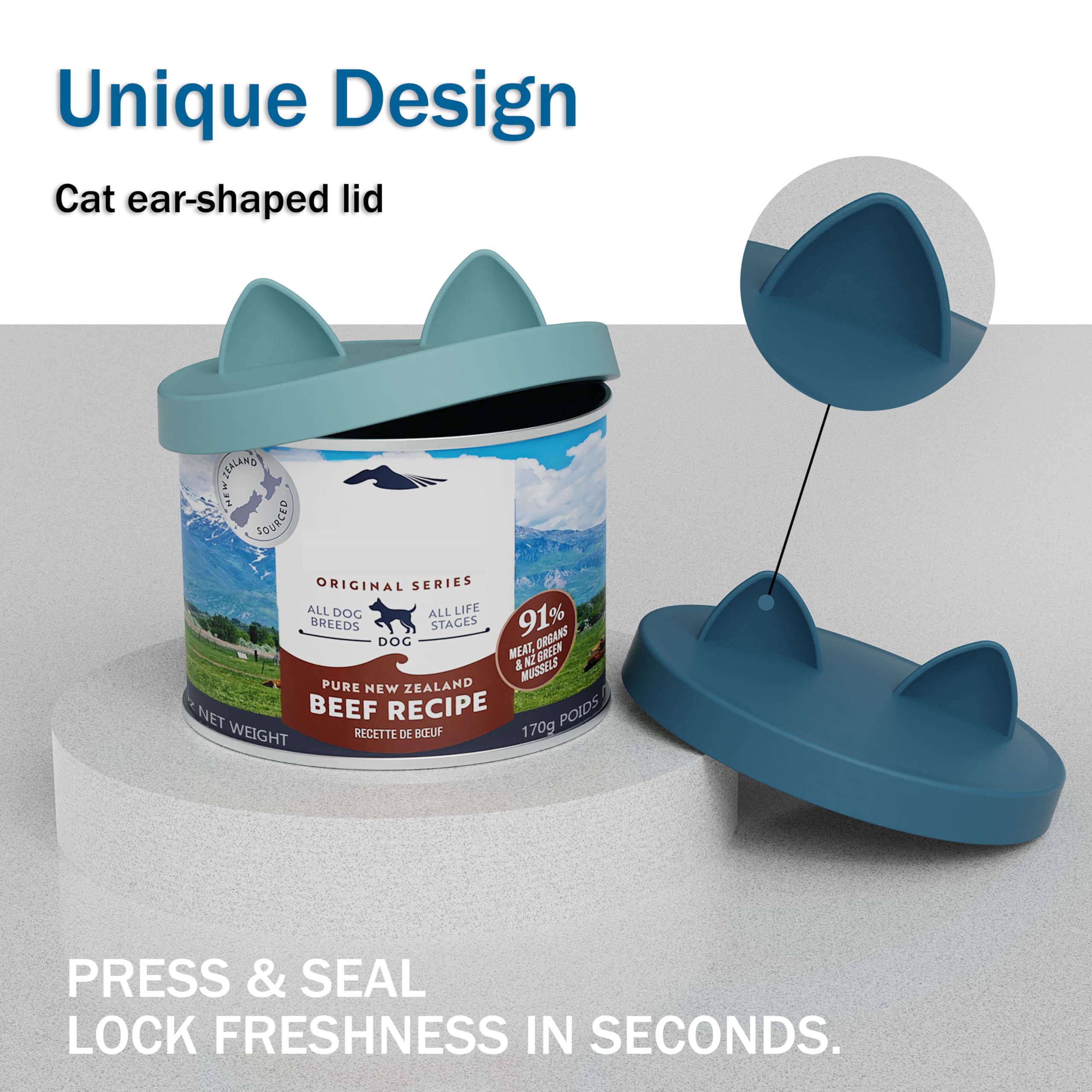 OHMO Tapas de latas para comida para perros, 75 mm, tapas de silicona para latas de alimentos para animales, 400 g, sin BPA, azul oscuro y azul claro, juego de 2