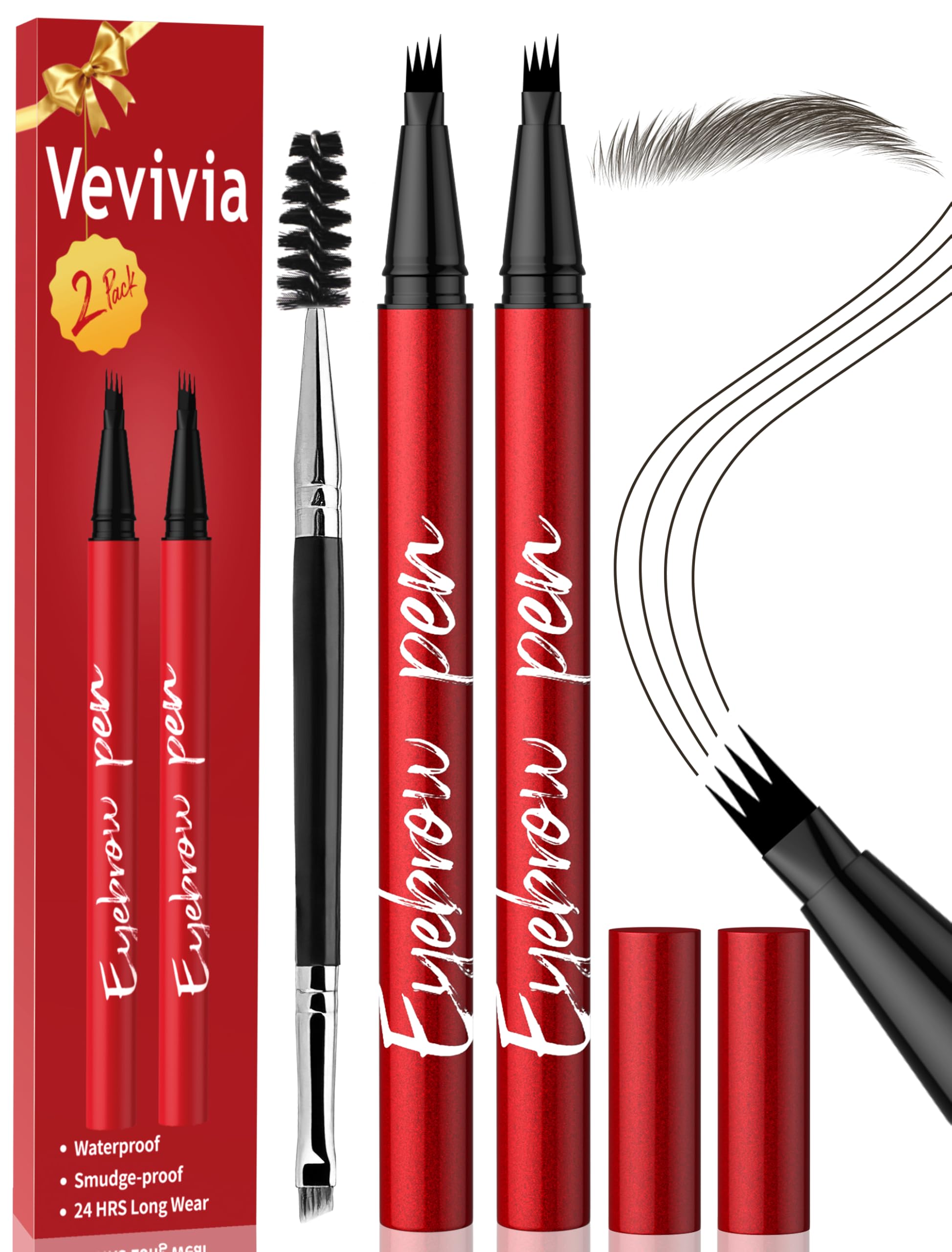 Vevivia 2 Pack Eyebrow Pen with Brush, Hair Like Natural Brows, Black Brown 03 Black Brown
