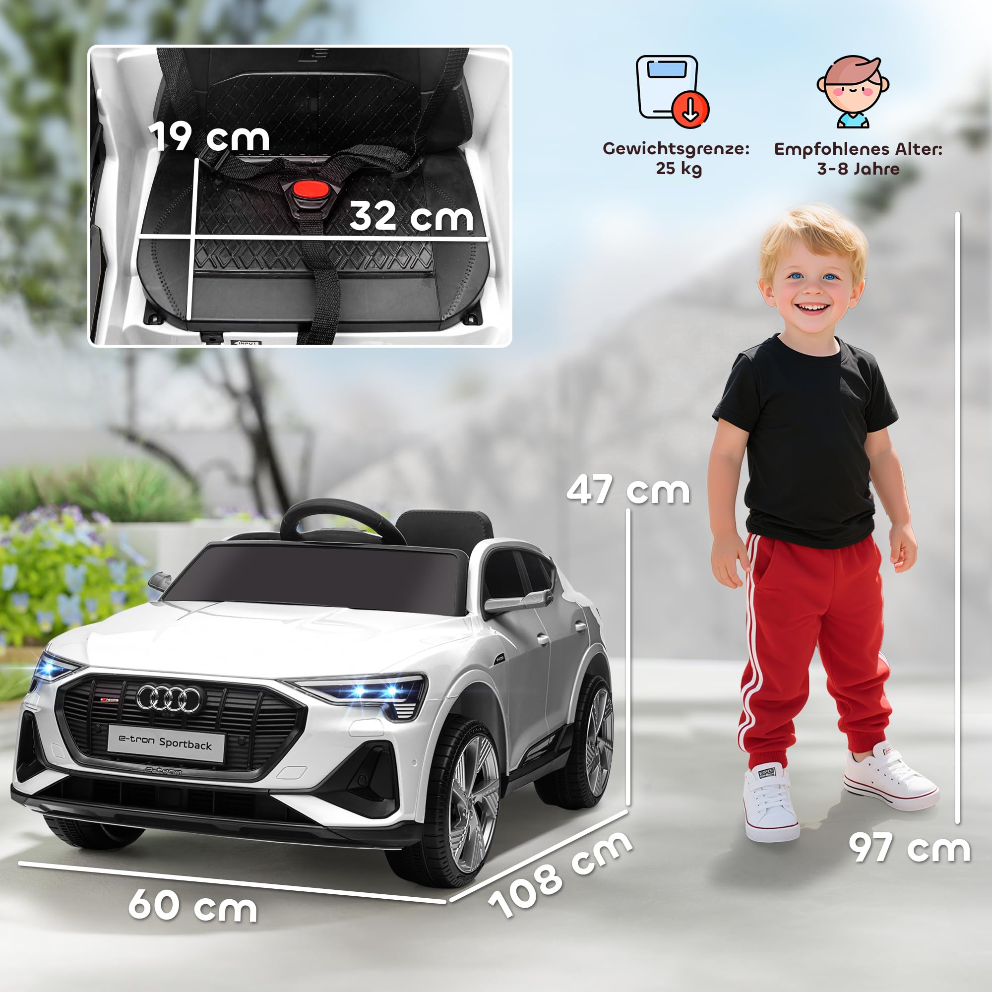 HOMCOM Elektryczny samochód dziecięcy, 12 V, Audi E-tron, samochód elektryczny z pilotem zdalnego sterowania, pas bezpieczeństwa, muzyka (MP3/USB/TF), pojazd dziecięcy dla dzieci w wieku 3-5 lat, 3-5