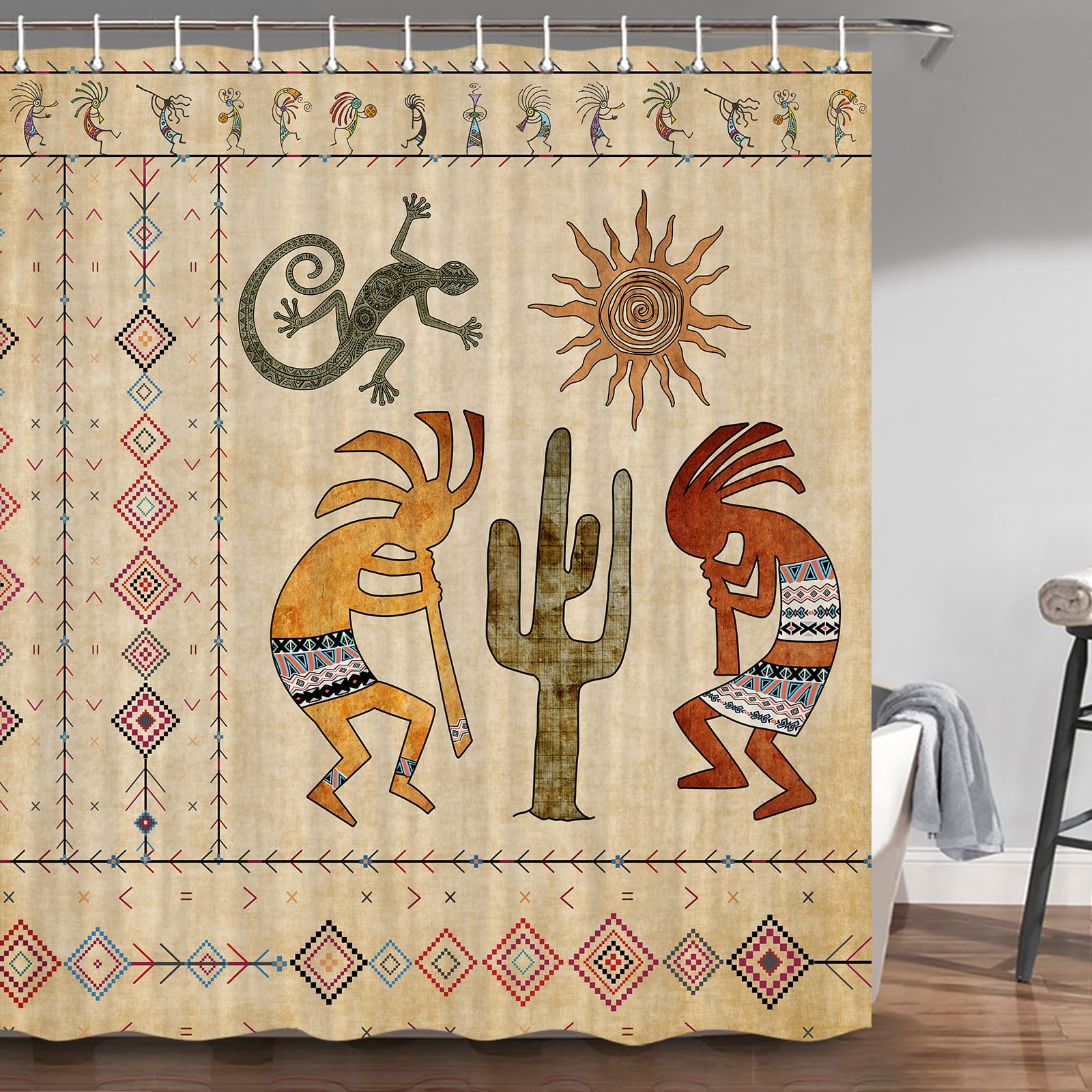 JAWO Shower Curtain, Southwest Native American Ethnic Tribal Music Agriculture Ancient Shower Curtain with Hooks, 72X72inch, Yellow