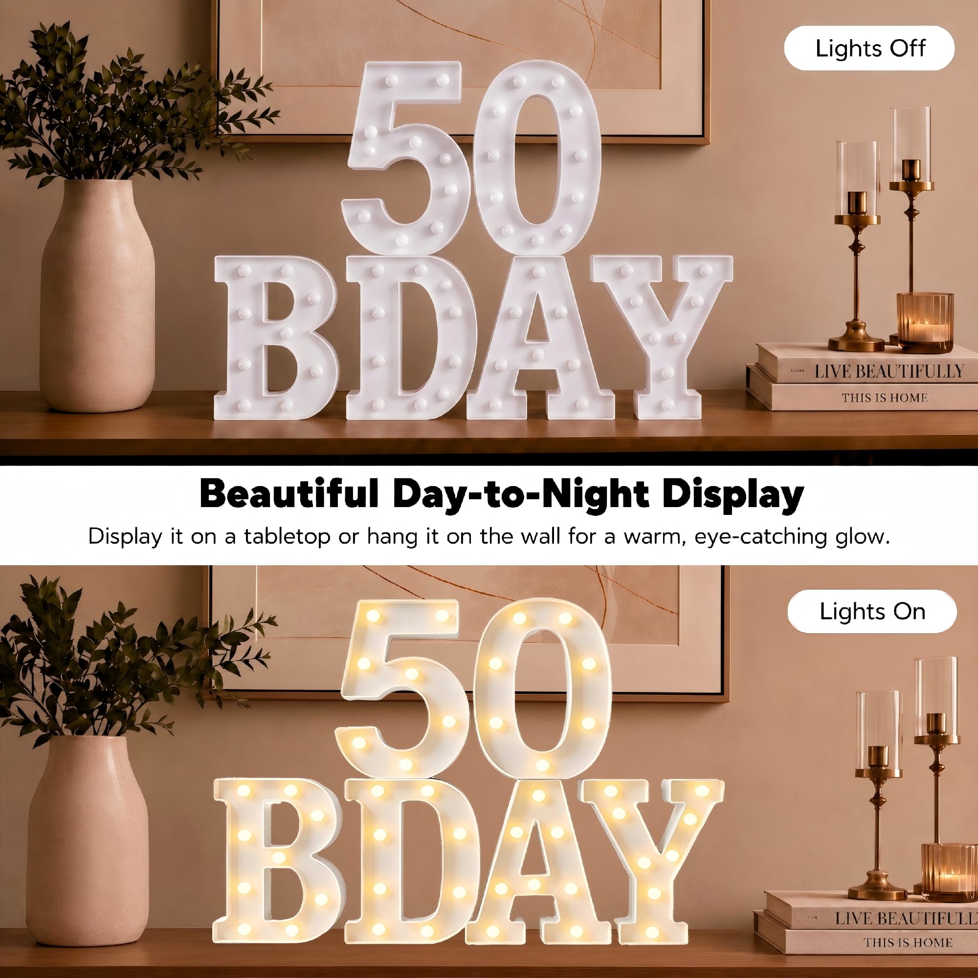 Dekoration zum 50. Geburtstag für Damen und Herren, 6 lange LED-Lampen, Leuchtbuchstaben "50 BDAY" für Partydekoration