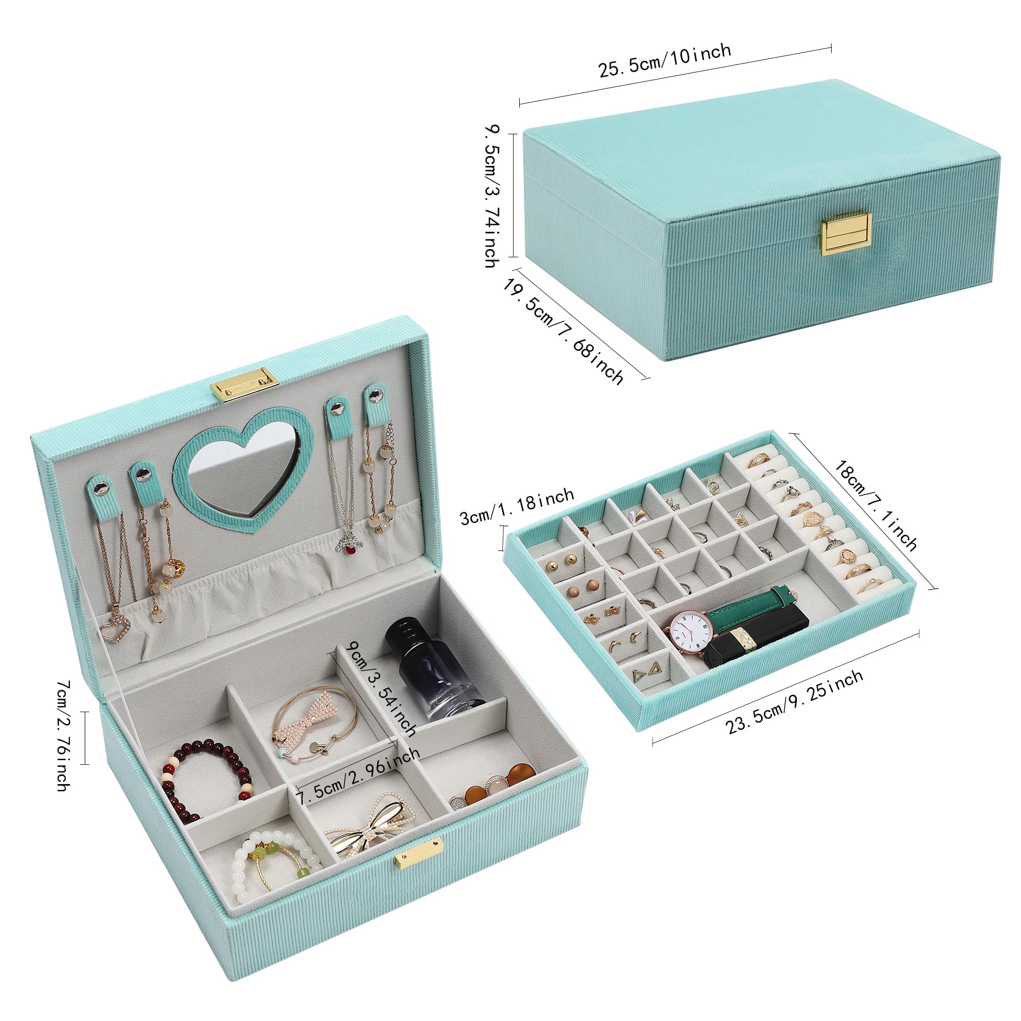 Dajasan Portagioie Donna, Porta Gioielli, Porta Gioie Donna da Camera, 2 Livelli Grande Scatola Portagioie di Velluto per Anelli, Collane, Bracciali, Orologi, Orecchini (Verde)
