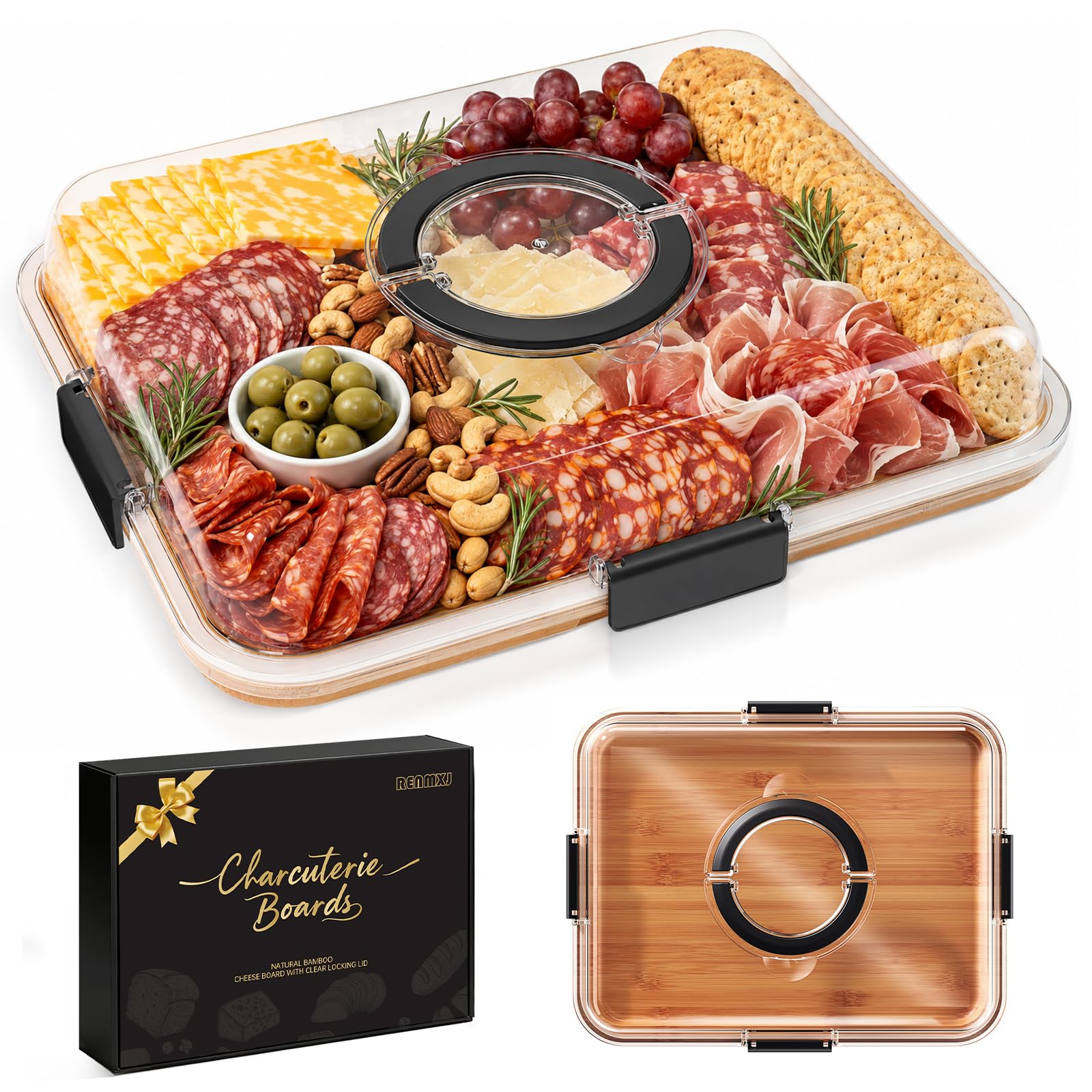 Renmxj Planche à charcuterie avec couvercle transparent, planche à fromage portable pour cuisine, cadeau de pendaison de crémaillère, cadeau de coupe du monde (noir, 1 compartiment)