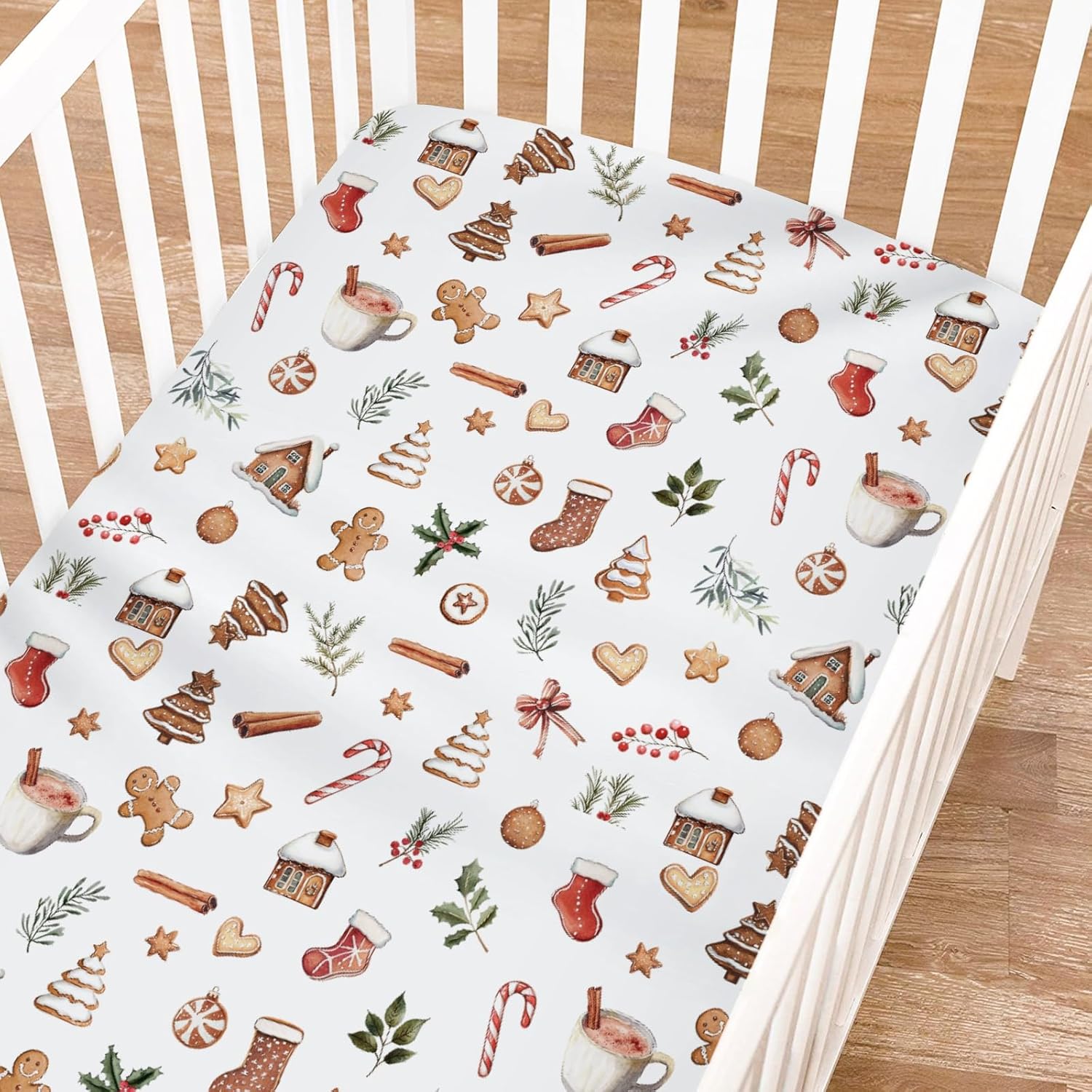 Fairy Tale Christmas Baby Crib Sheets for Boy Girl 52"x28" Merry Christmas Candy Fir Leaves Soft Fitted Crib Mattress Covers Winter Holiday Bed Sheet Fits Standard Crib and Toddler Mattress