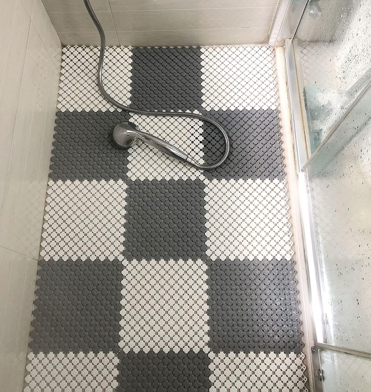 Buy Tonsny Large Shower Mat 38x30 12pcs Interlocking Waterproof Flooring Tiles Non Slip Shower Floor Mats Wet Area Pet Area Mat With Drain Hole Can Be Cut Gray 6pcs White 6pcs Online