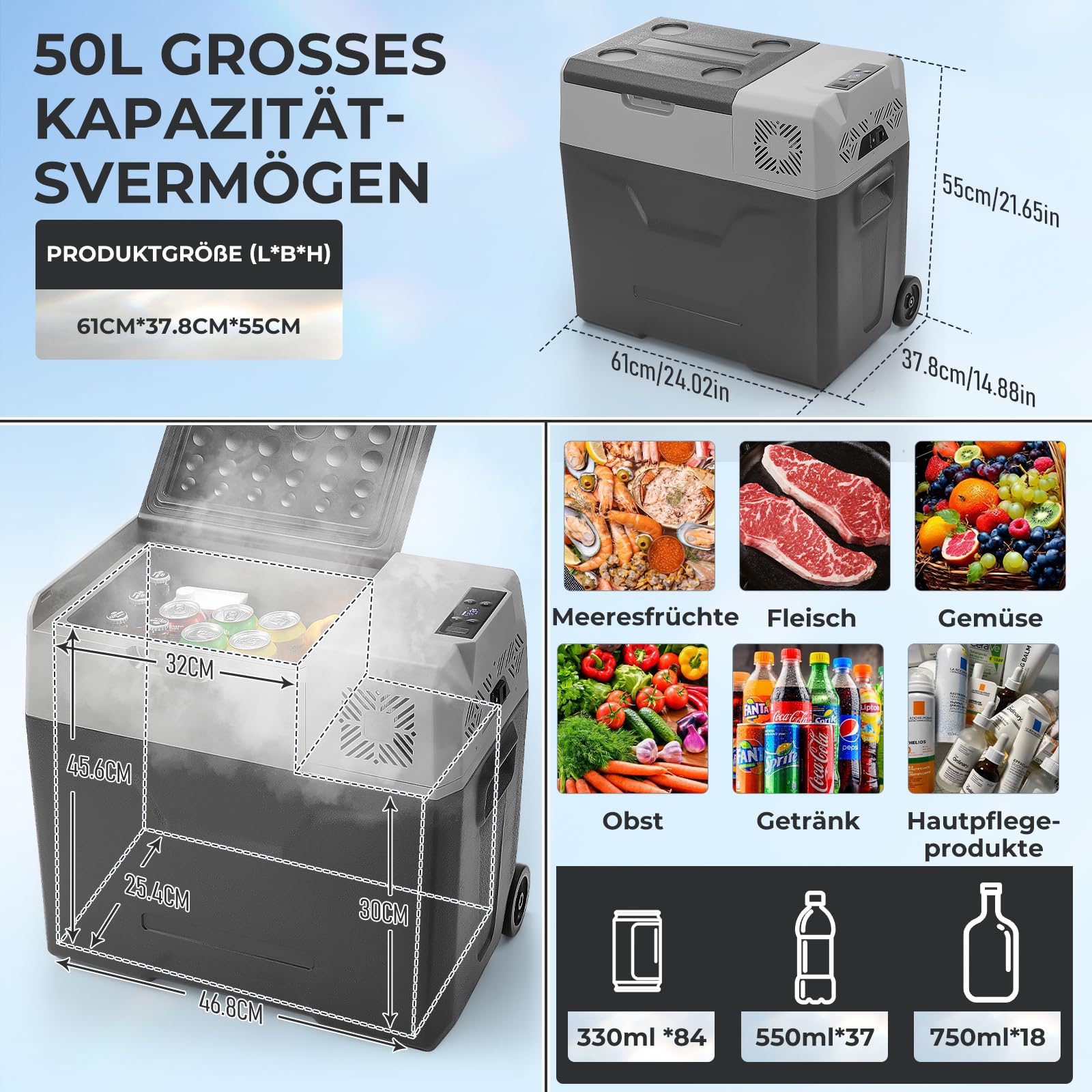 Przenośna lodówka z kompresorem, 50 l, 12 V, 24 V, 230 V, przenośna, mała zamrażarka do -20 °C, do samochodu, na kemping, ciężarówkę, łódź i gniazdko z przyłączem USB, drążek teleskopowy