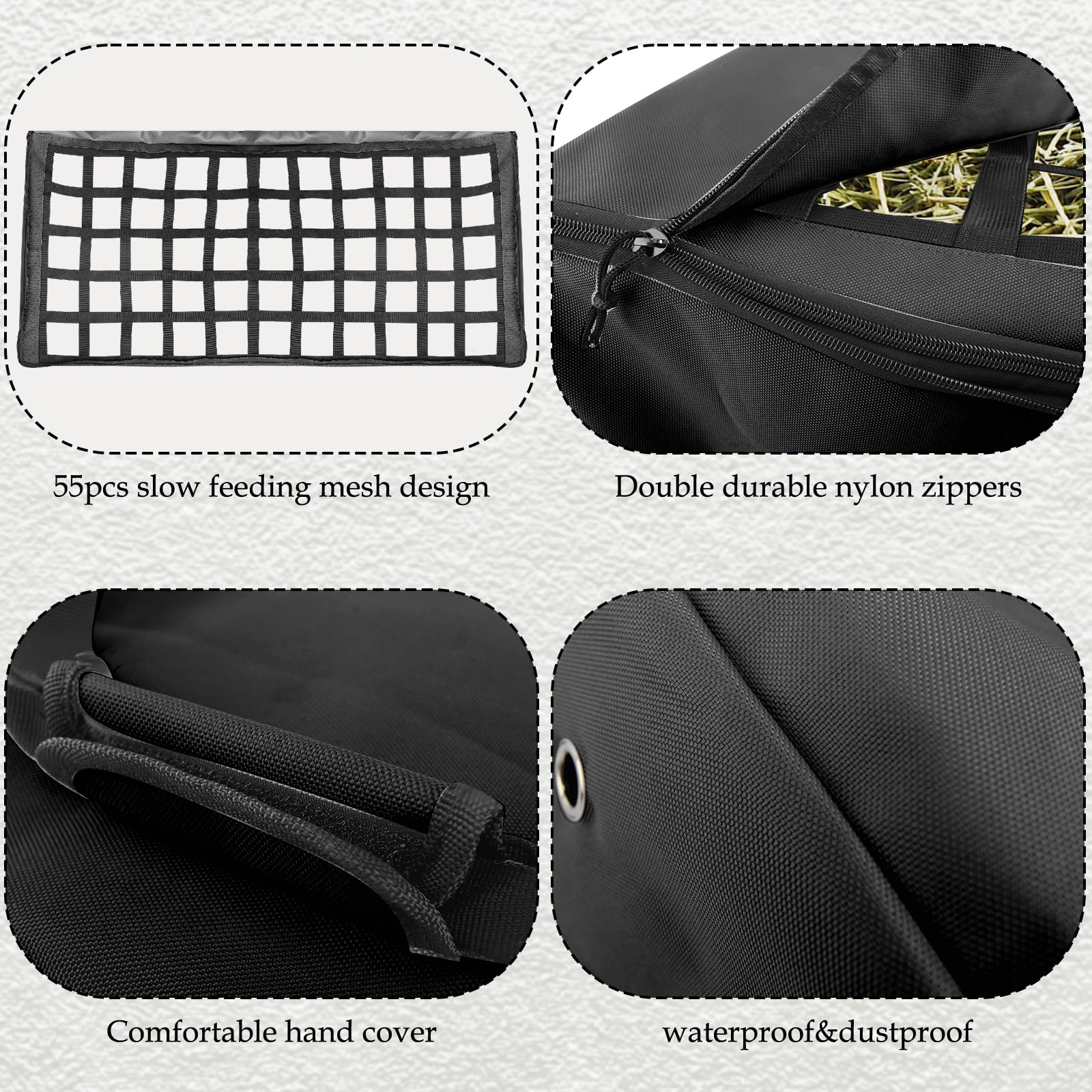Paquete de 2 bolsas de heno, tela Oxford 1200D resistente, bolsa de heno de alimentación lenta, bolsa de almacenamiento extra grande con diseño de alimentación lenta superior para caballo