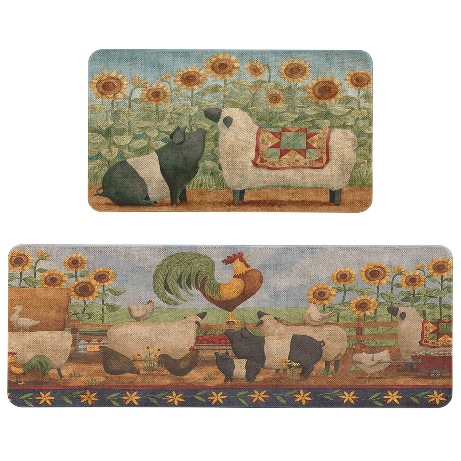 Farmhouse Kitchen Rugs and Mats Set of 2, Farm Animal Rooster Kitchen Mat Carpet Non-Slip Washable Kitchen Mat for Kitchen Home Decor - 17x29 and