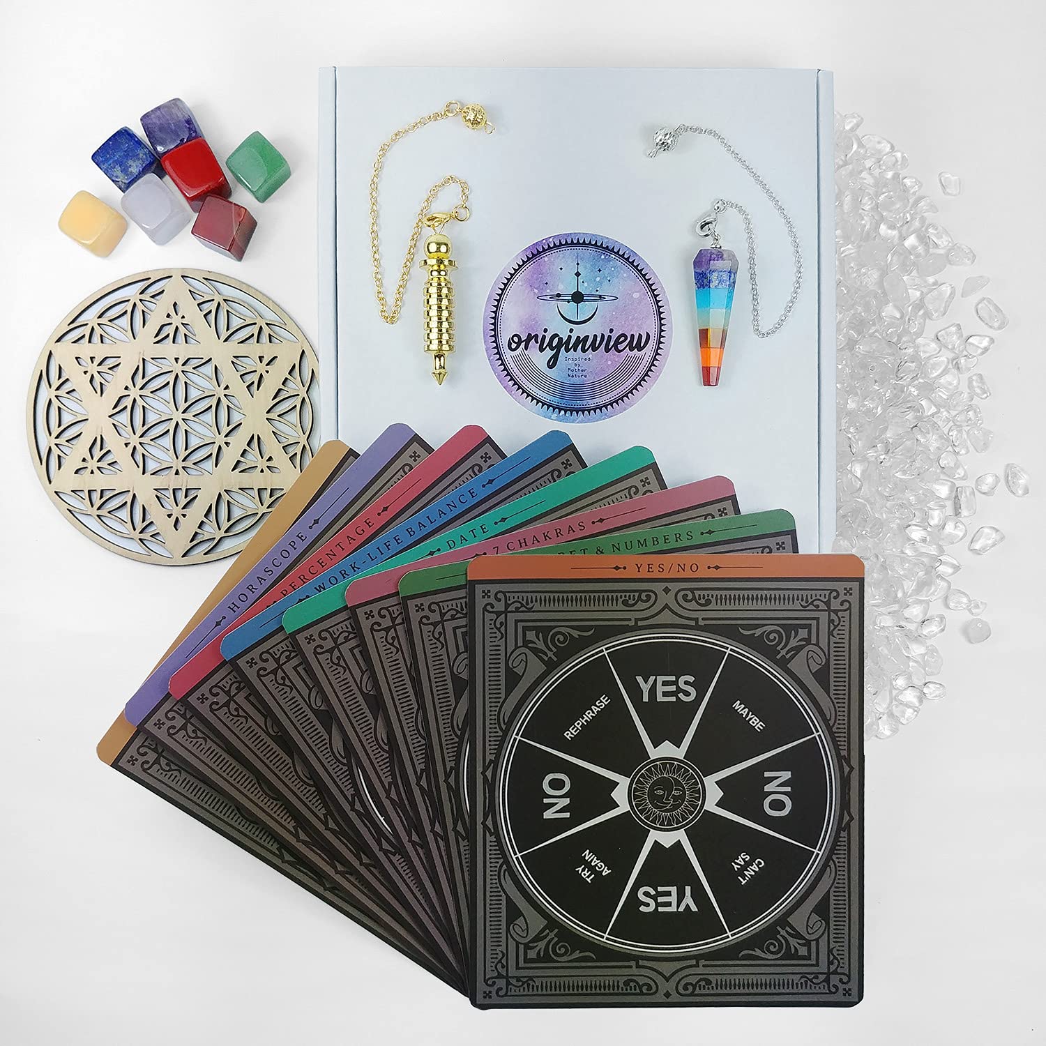 7 Chakra Stones Set with Pendulum + Charts Set | All Crystals Cleansed by Reiki Master | Healing Crystals and Stones | Pendulum Charts kit