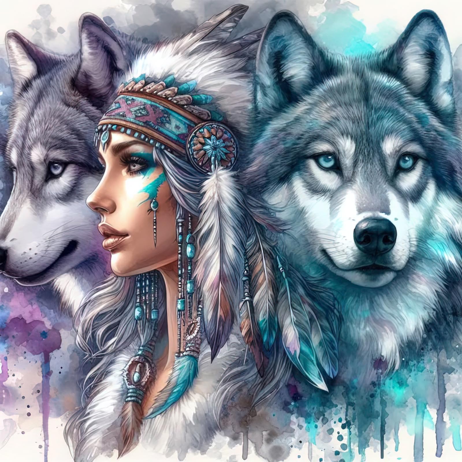 Auremi Wolf Diamond Art Kits,5D Indian Diamond Painting Kits for Adults,Full Drill Diamond Painting Kits for Beginners Crystal Picture Art for Home Decor 11.8x11.8 Inch