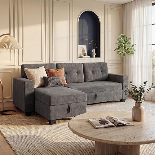 JUMMICO Sofa Bed, Sleeper Pull Out Couch with Reversible Storage Chaise, Convertible L Shaped Sectional Couches for Living Room, Apartment (Linen Fabric, Dark Grey)